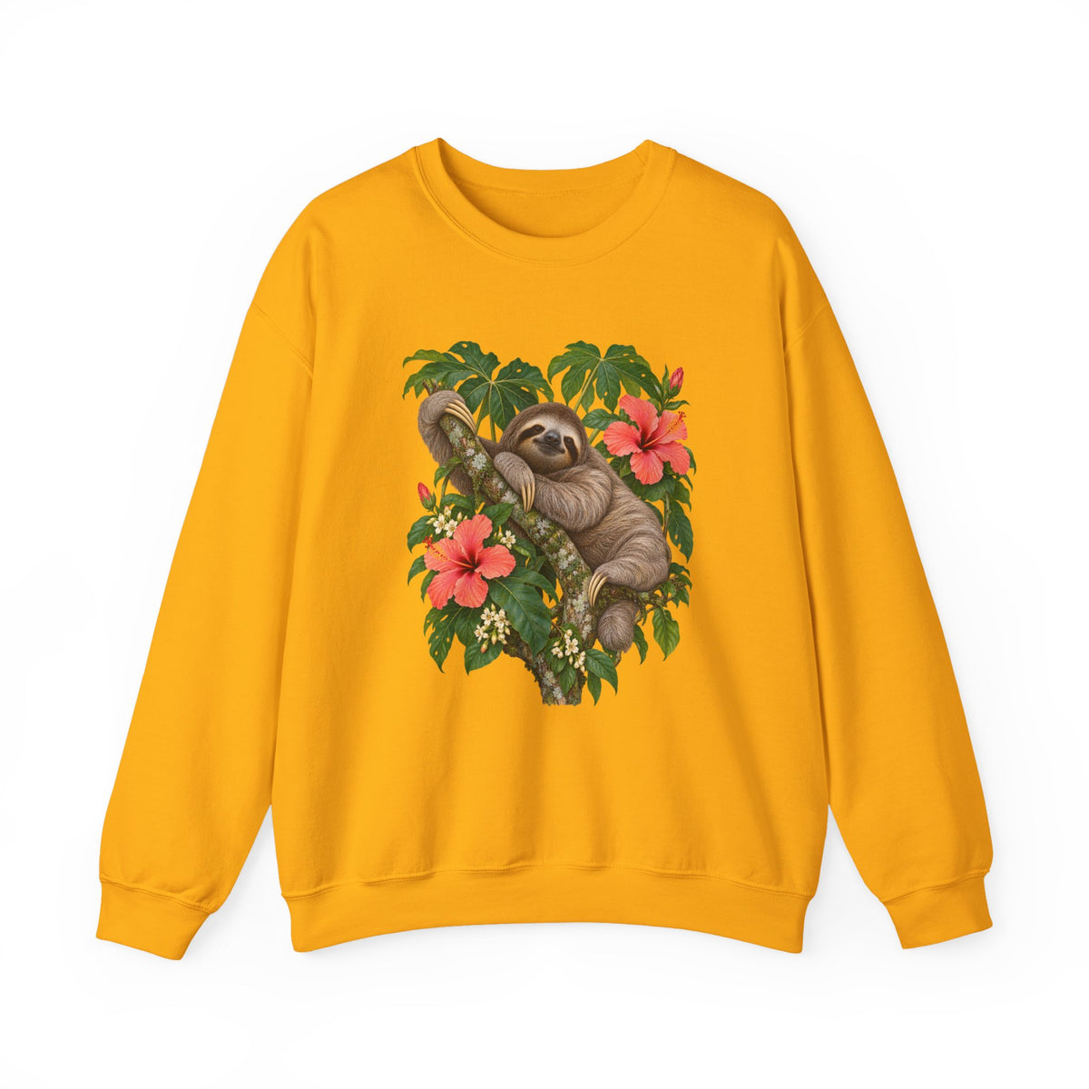 Taking My Sweet Time sweatshirt — a sloth resting on a mossy branch among coral hibiscus, cream blossoms and tropical leaves, on a unisex crewneck