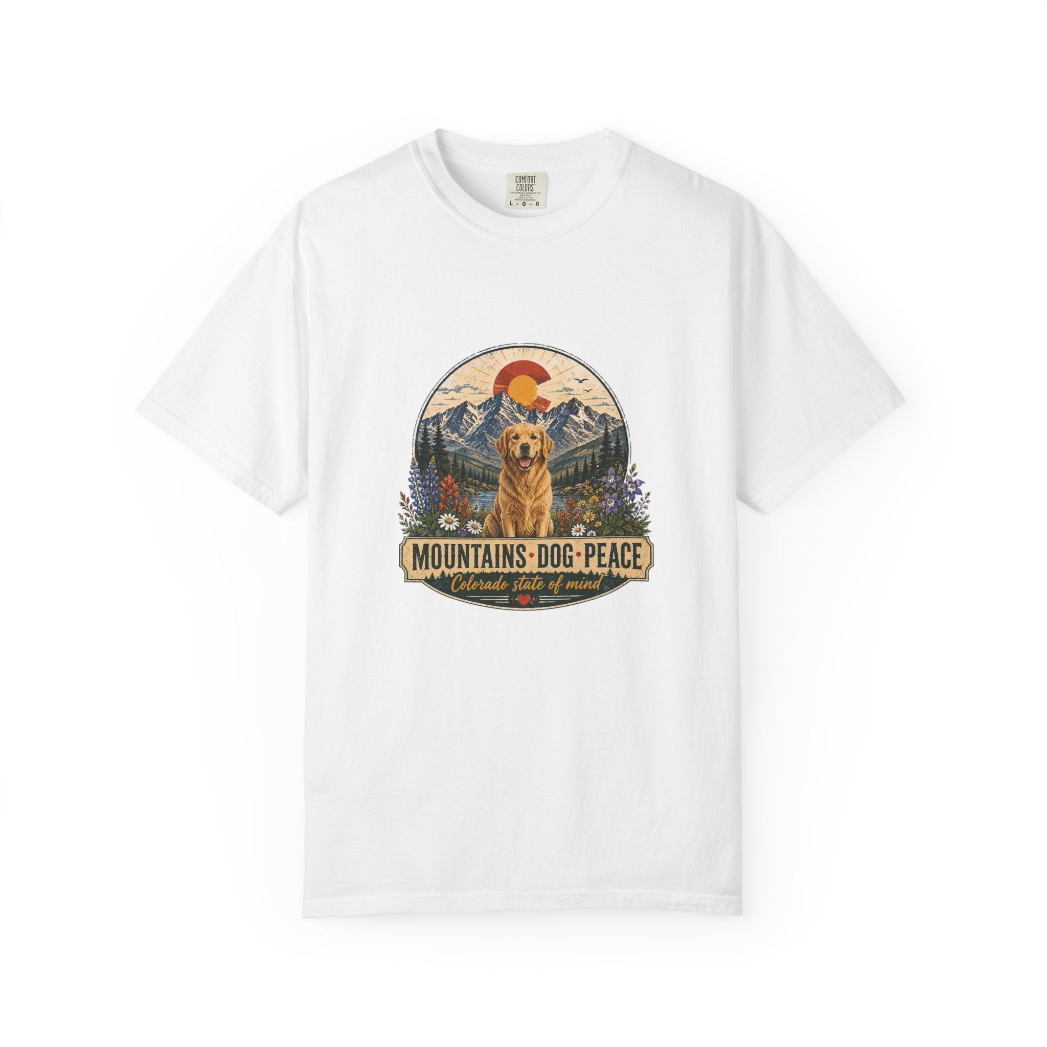 Mountains Dog Peace Colorado state of mind tee lifestyle mockup