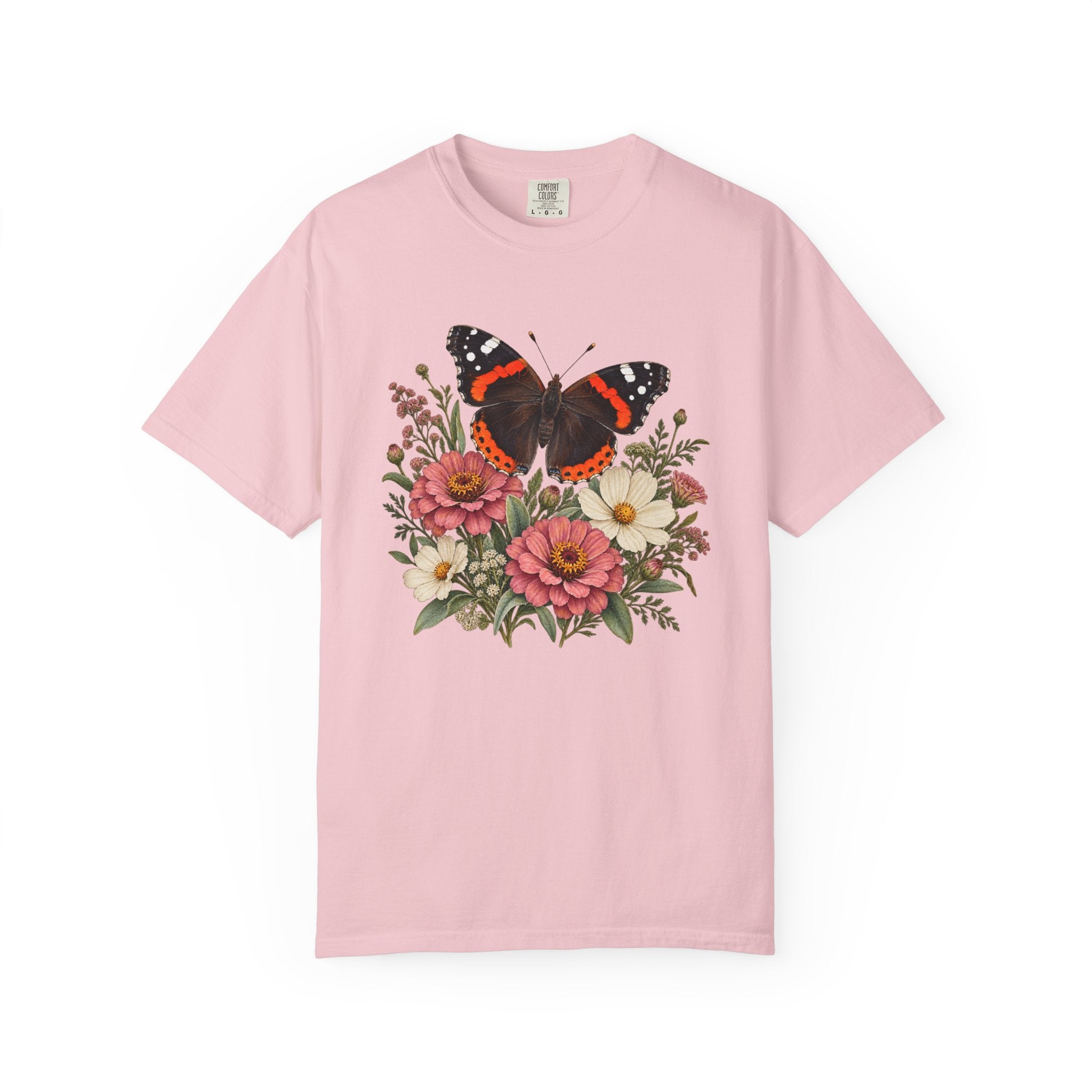 Red Admiral & Zinnia T-Shirt — Garment-Dyed Cotton
