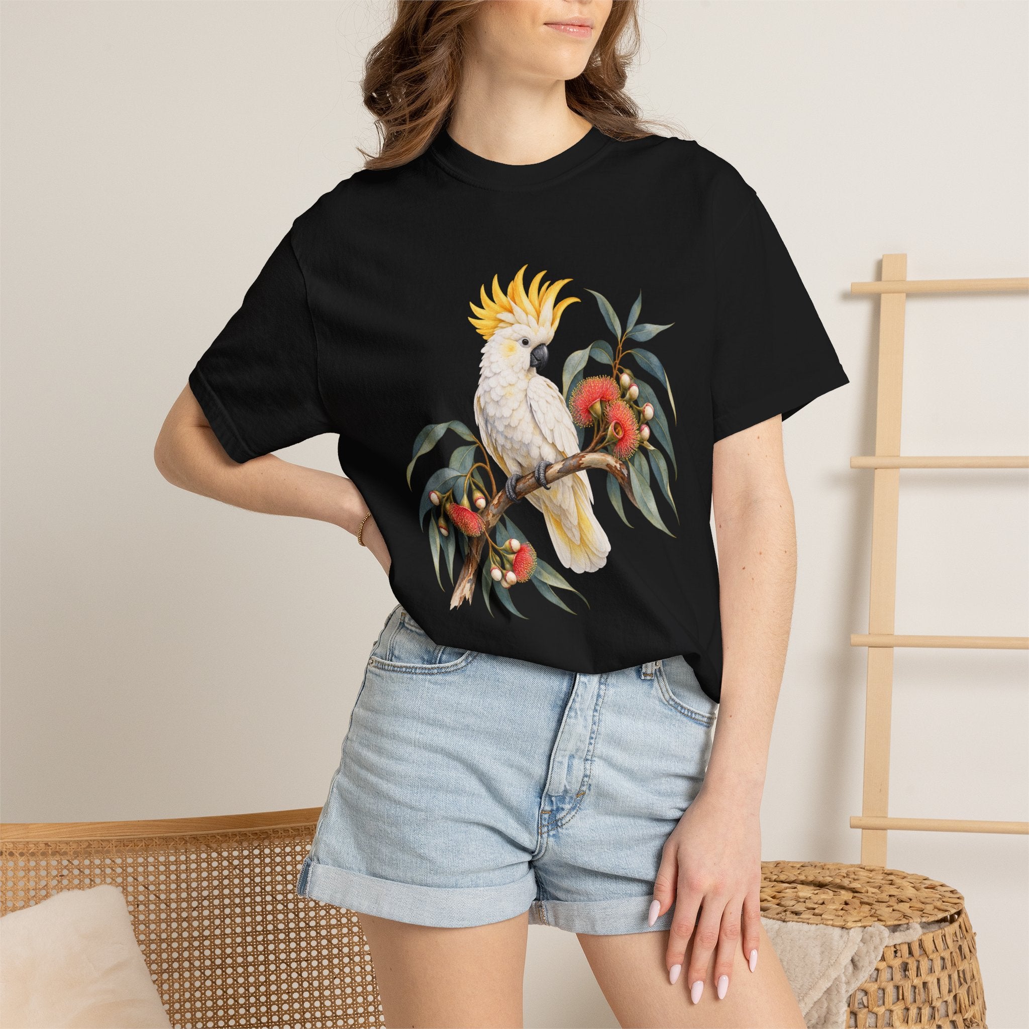 Cockatoo & Gum Blossom T-Shirt — garment-dyed cotton, worn