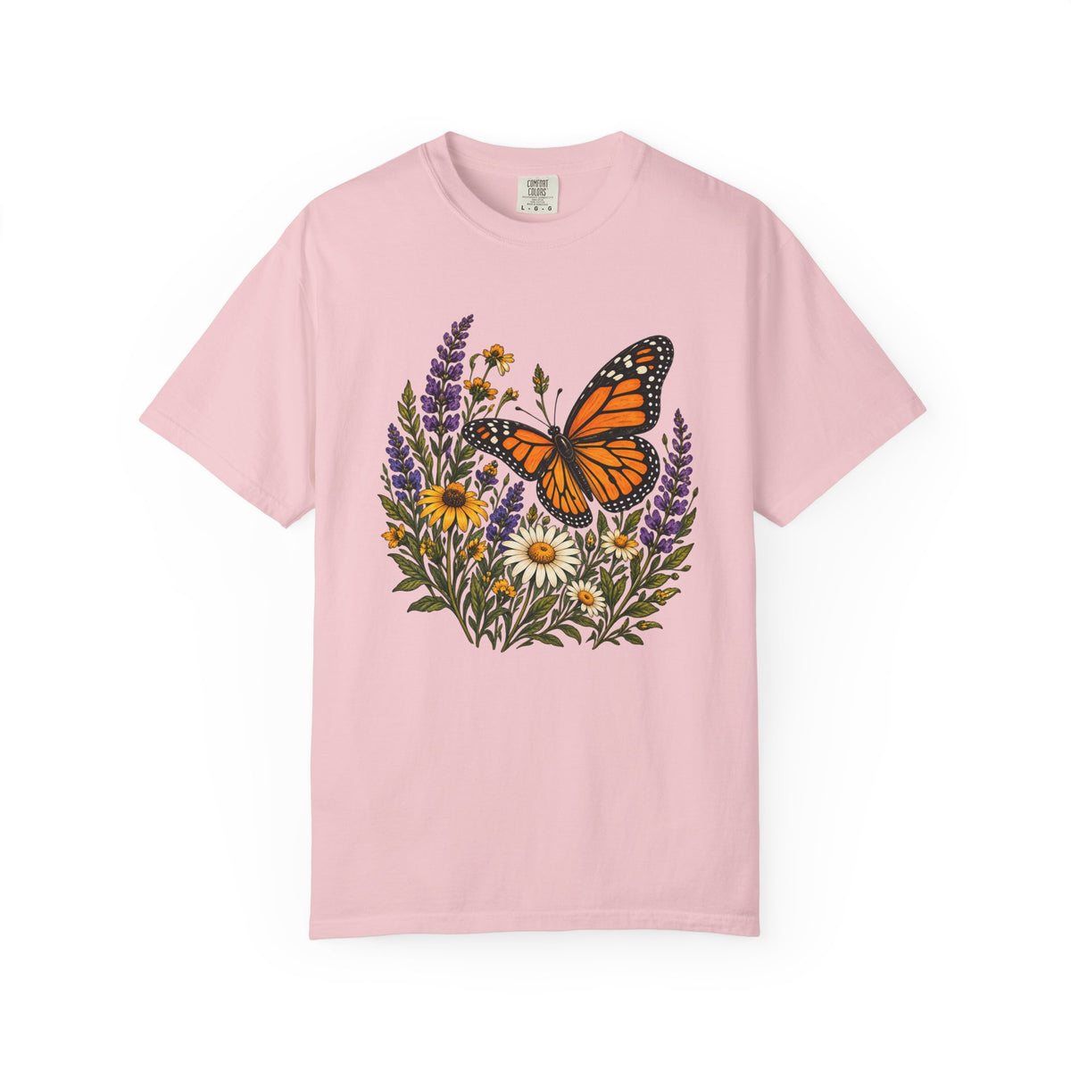 She Brought the Summer tee in Blossom, a monarch butterfly and purple wildflowers on soft pink