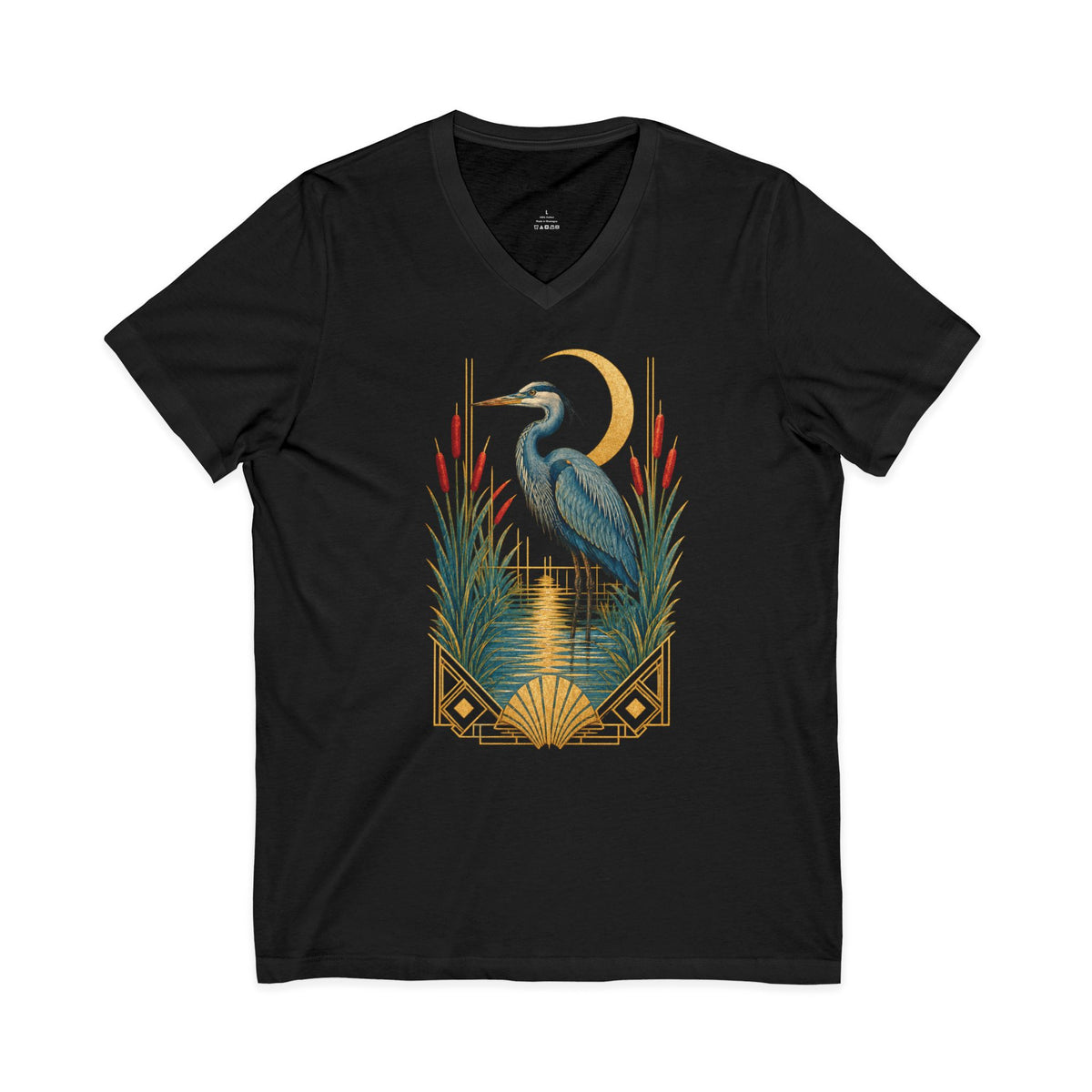 Art Deco Heron & Cattails V-Neck T-Shirt