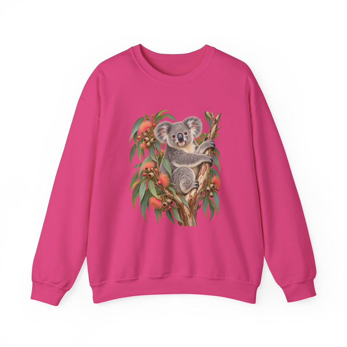 Booked for the Afternoon sweatshirt — a grey koala resting among eucalyptus leaves and coral-pink blossoms, on a unisex crewneck