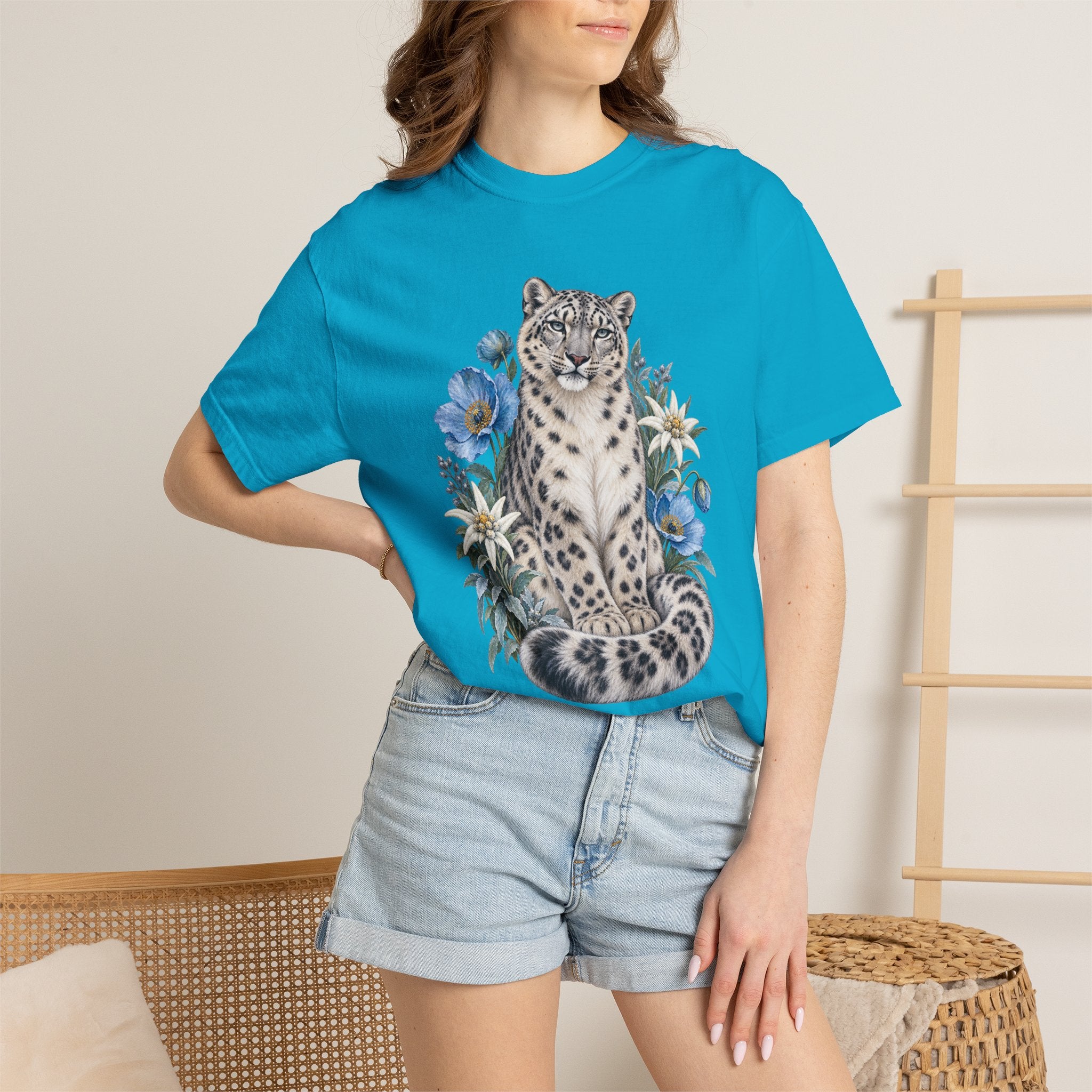Snow Leopard & Blue Poppy T-Shirt — unisex fit, front view