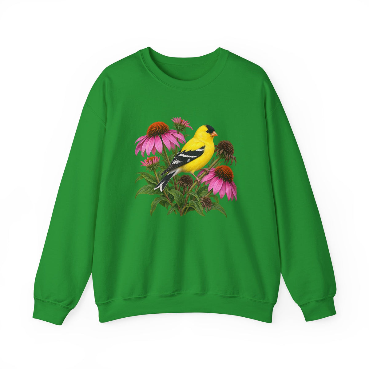 A Small Bright Thing crewneck sweatshirt, a golden-yellow American goldfinch among pink coneflowers, seed heads and green leaves, image 4 of 22