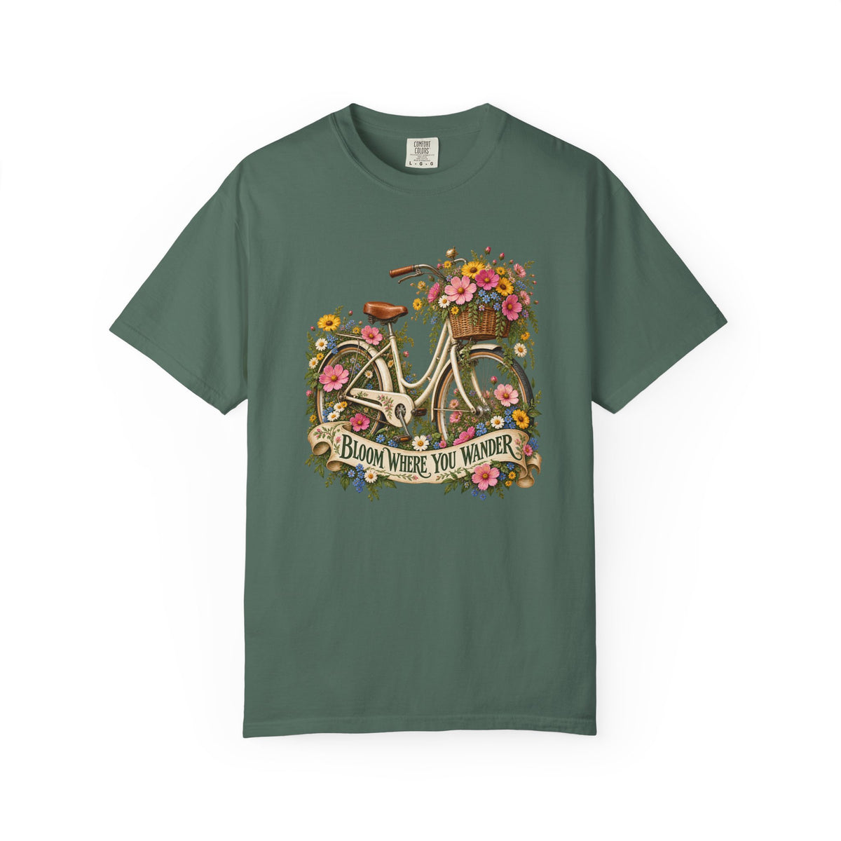 Bloom Where You Wander Floral Bicycle T-Shirt - the wicker basket above the handlebars, filled past the brim with wildflowers, in the front-centred print