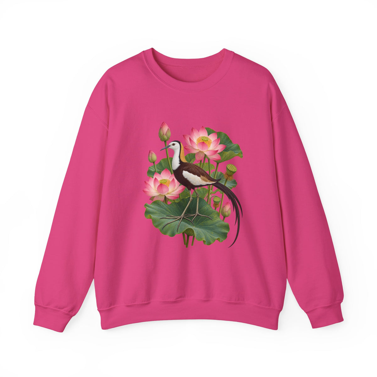Lightly, She Goes crewneck sweatshirt, a long-tailed waterbird among pink lotus blossoms, buds, seed pods and broad green leaves, image 6 of 28