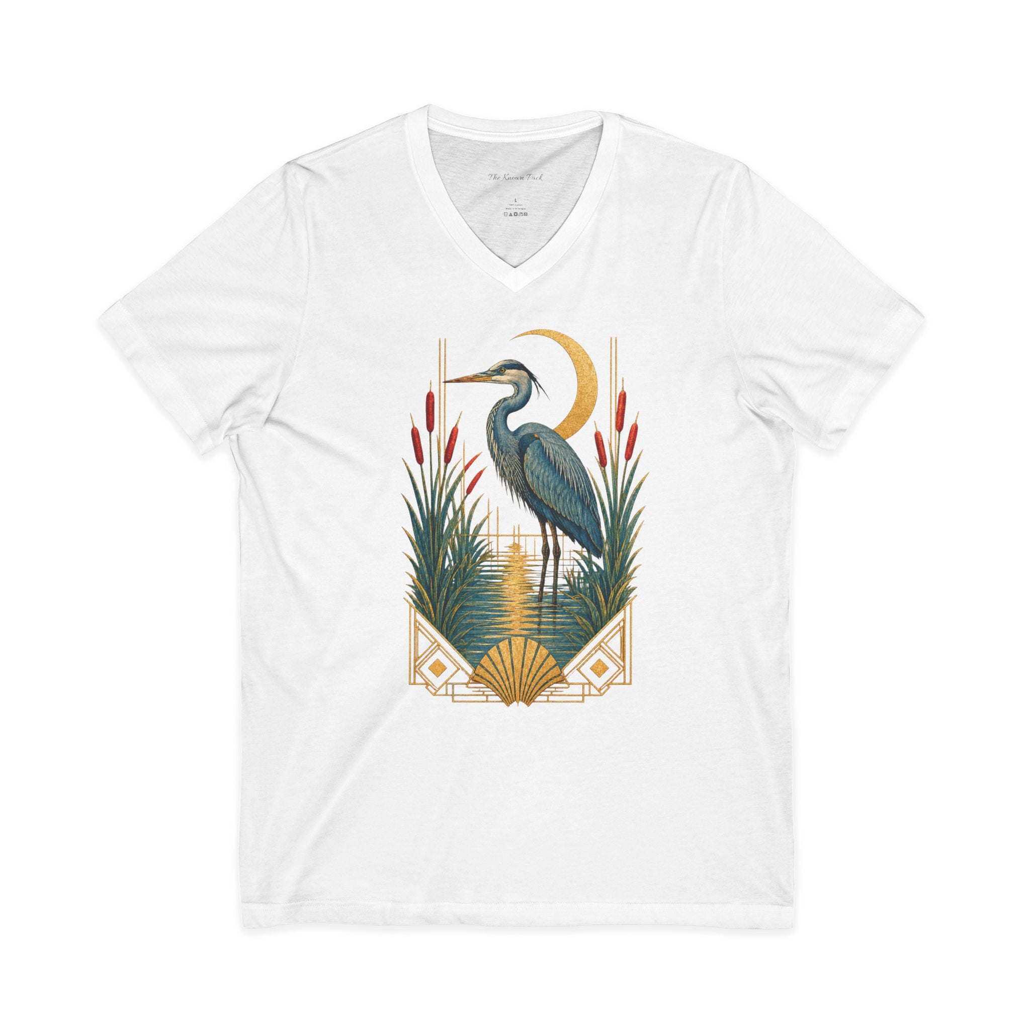 Art Deco Heron & Cattails V-Neck T-Shirt