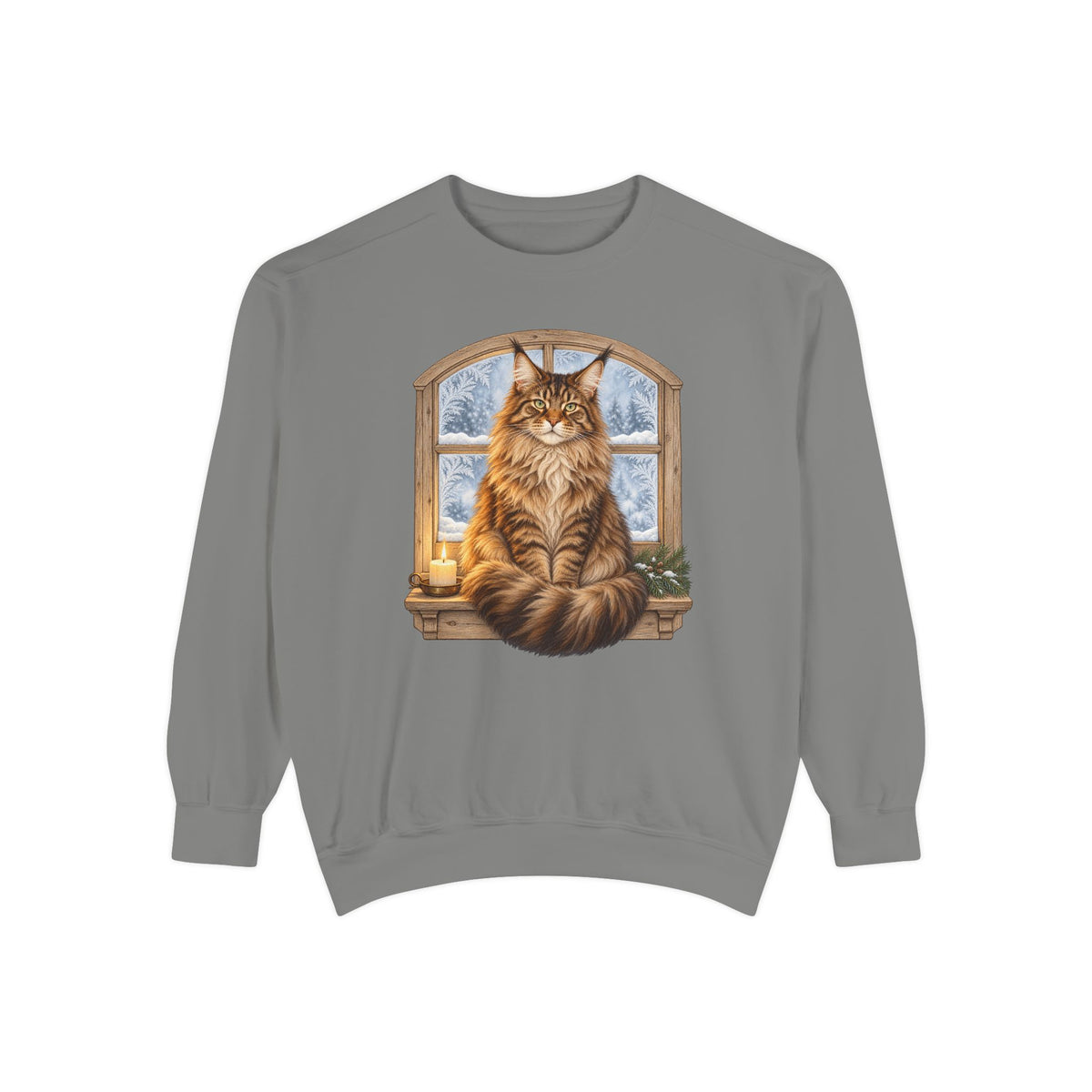 Maine Coon at the window sweatshirt in Grey, front view