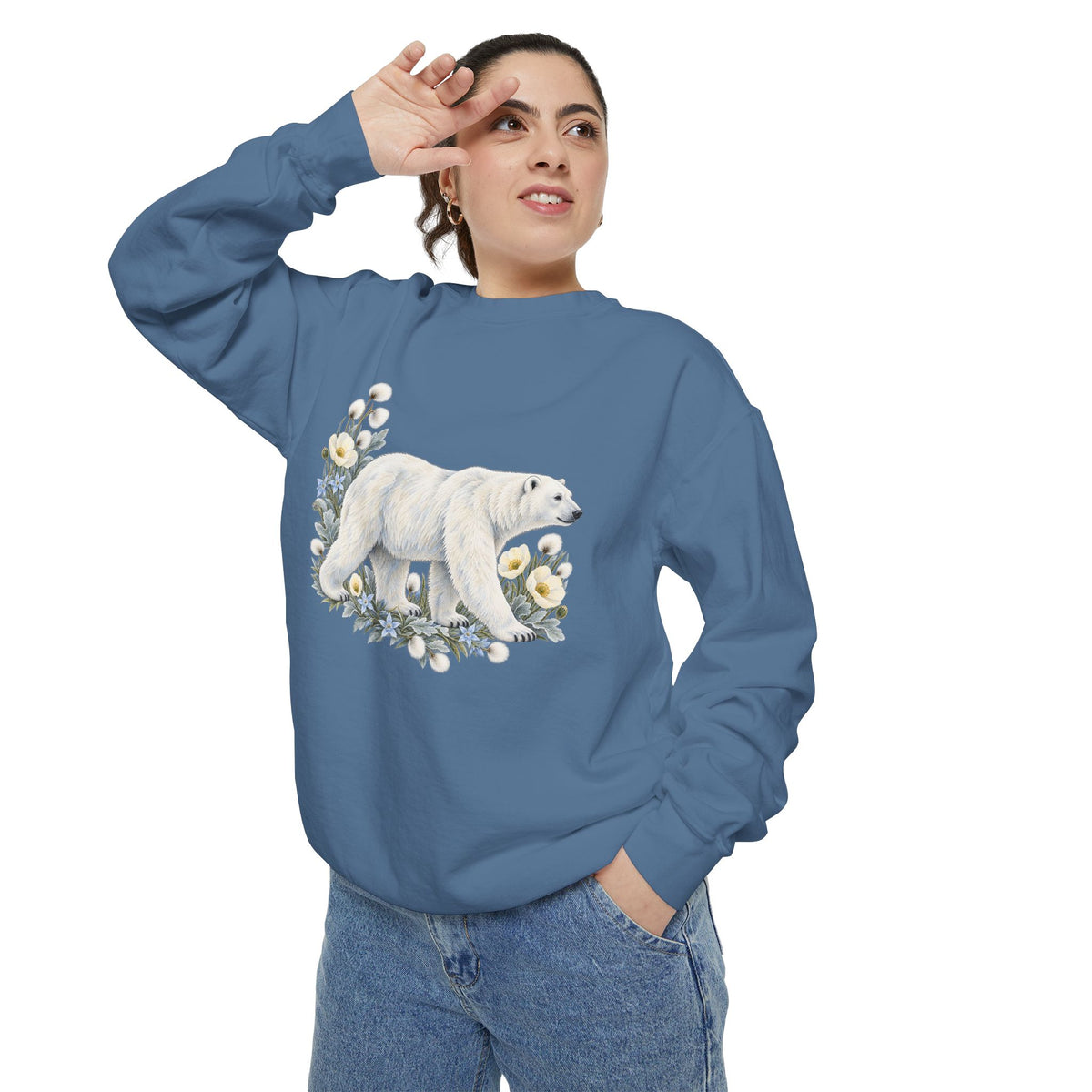 Polar Bear & Arctic Blooms Sweatshirt — Garment-Dyed Fleece
