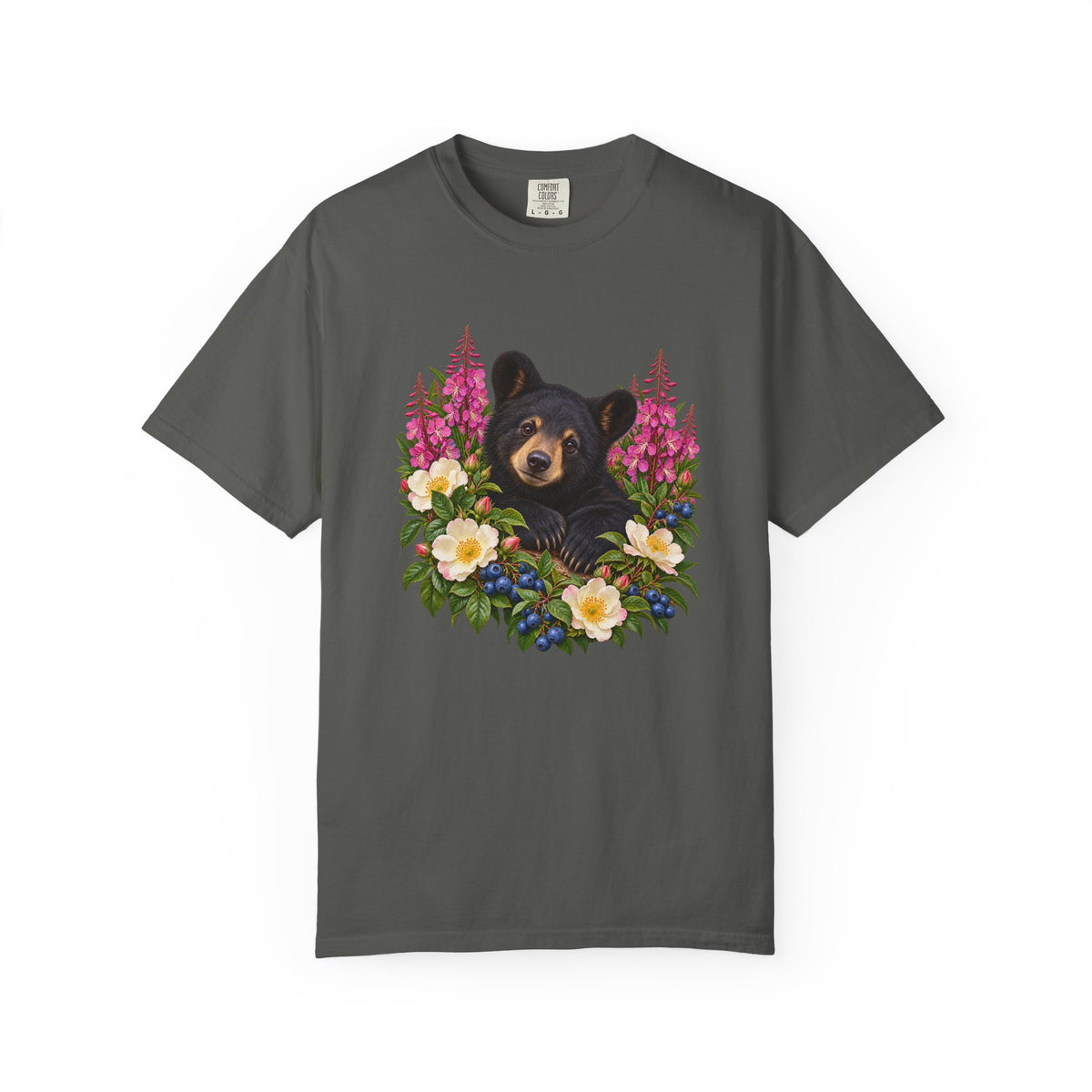 Black bear and fireweed design on a relaxed unisex garment-dyed tee, adult sizes S to 4XL