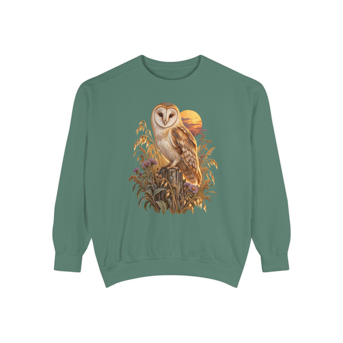 Barn owl at dusk sweatshirt in Light Green, front view