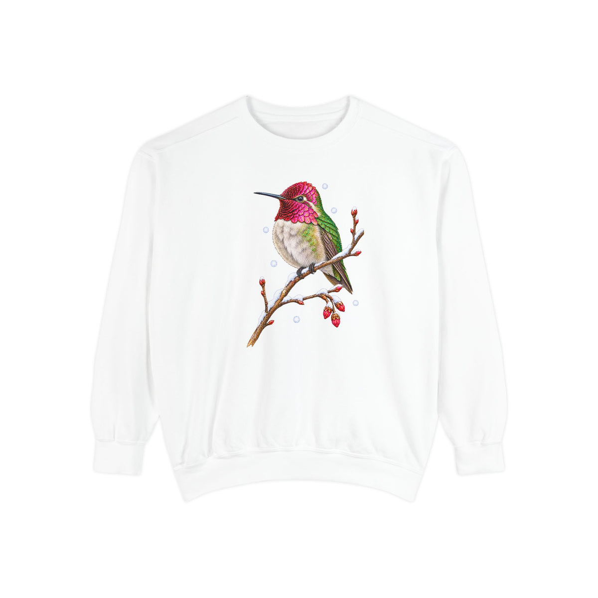 Winter Hummingbird Sweatshirt in White - a watercolor Anna's hummingbird with a magenta head perched on a snowy twig, printed on a garment-dyed Comfort Colors 1566 crewneck