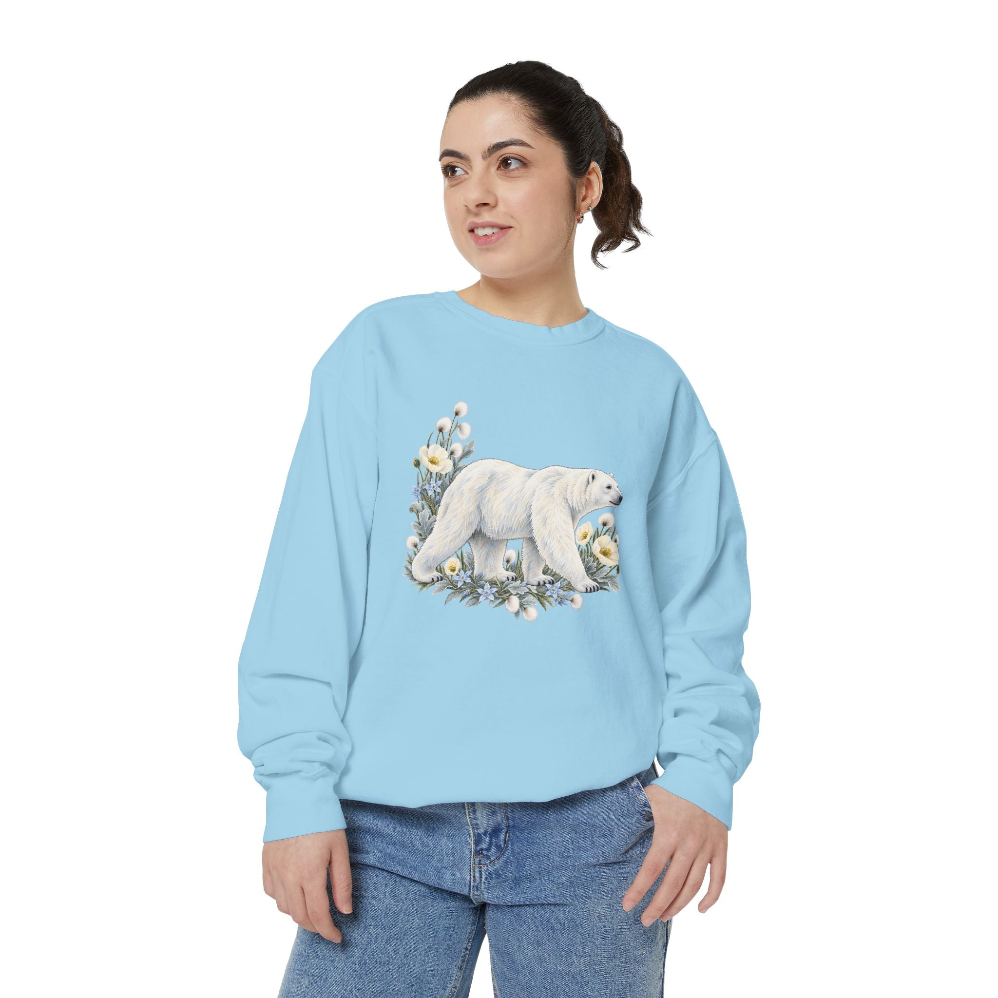 Polar Bear & Arctic Blooms Sweatshirt — Garment-Dyed Fleece
