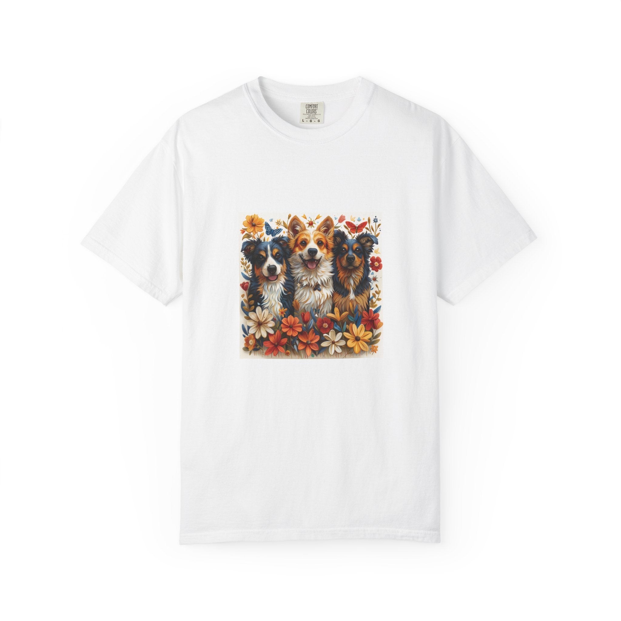 Dog Lover floral three dogs tee front view