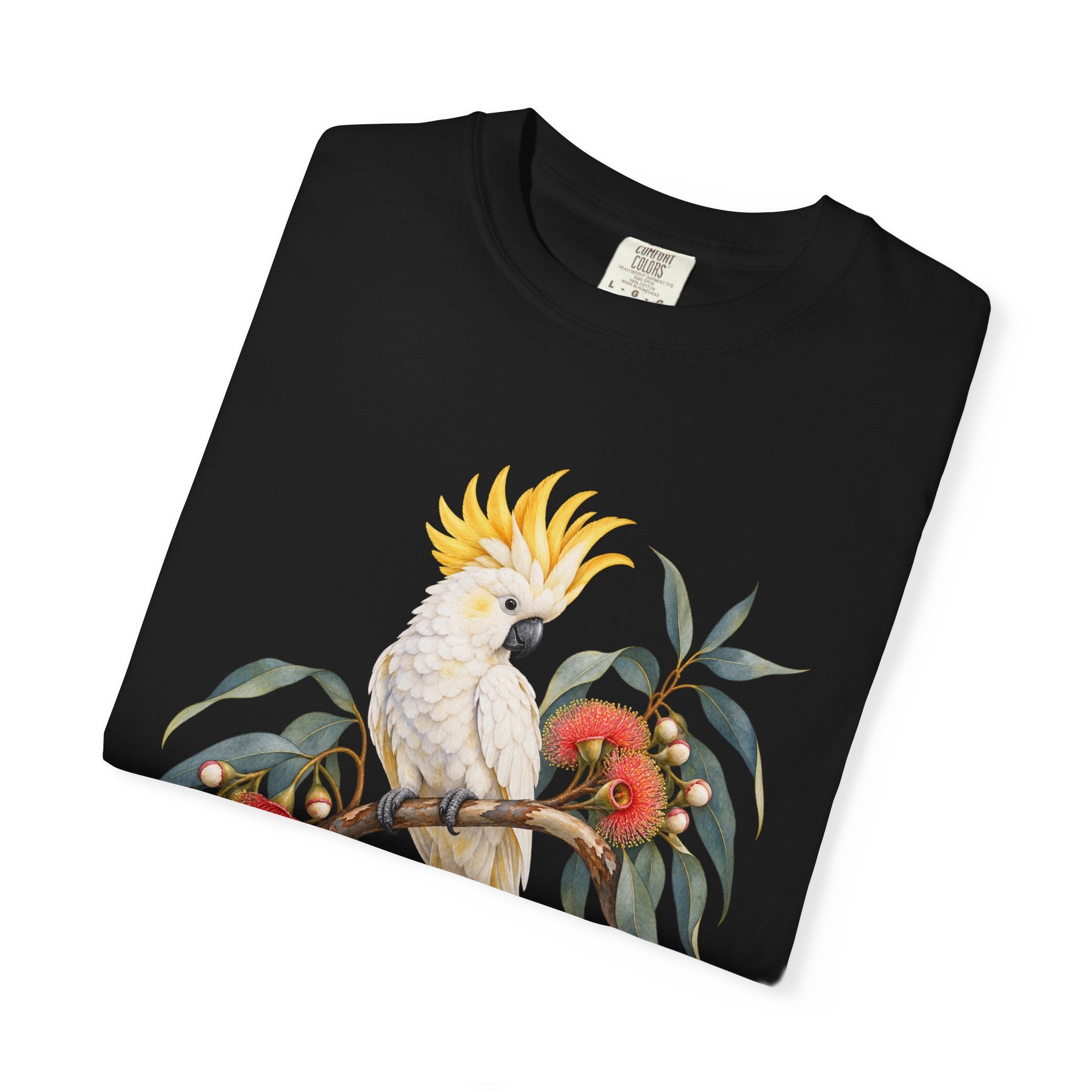 Cockatoo & Gum Blossom T-Shirt — front view on model