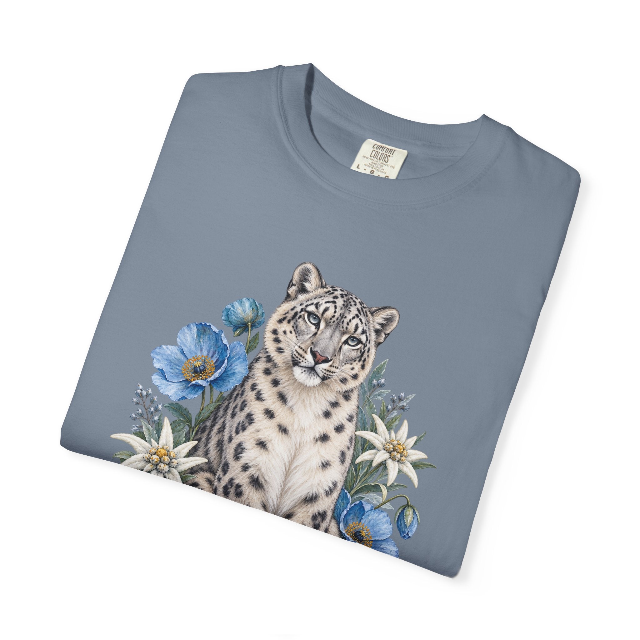 Snow Leopard & Blue Poppy T-Shirt — everyday relaxed fit