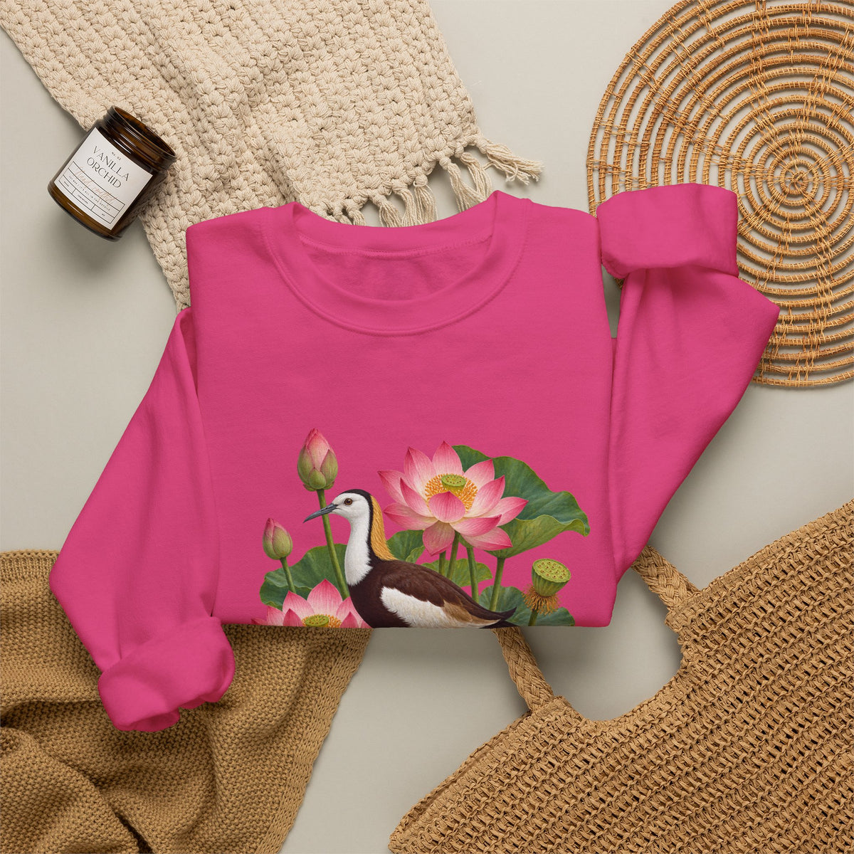 Lightly, She Goes crewneck sweatshirt, a long-tailed waterbird among pink lotus blossoms, buds, seed pods and broad green leaves, image 23 of 28