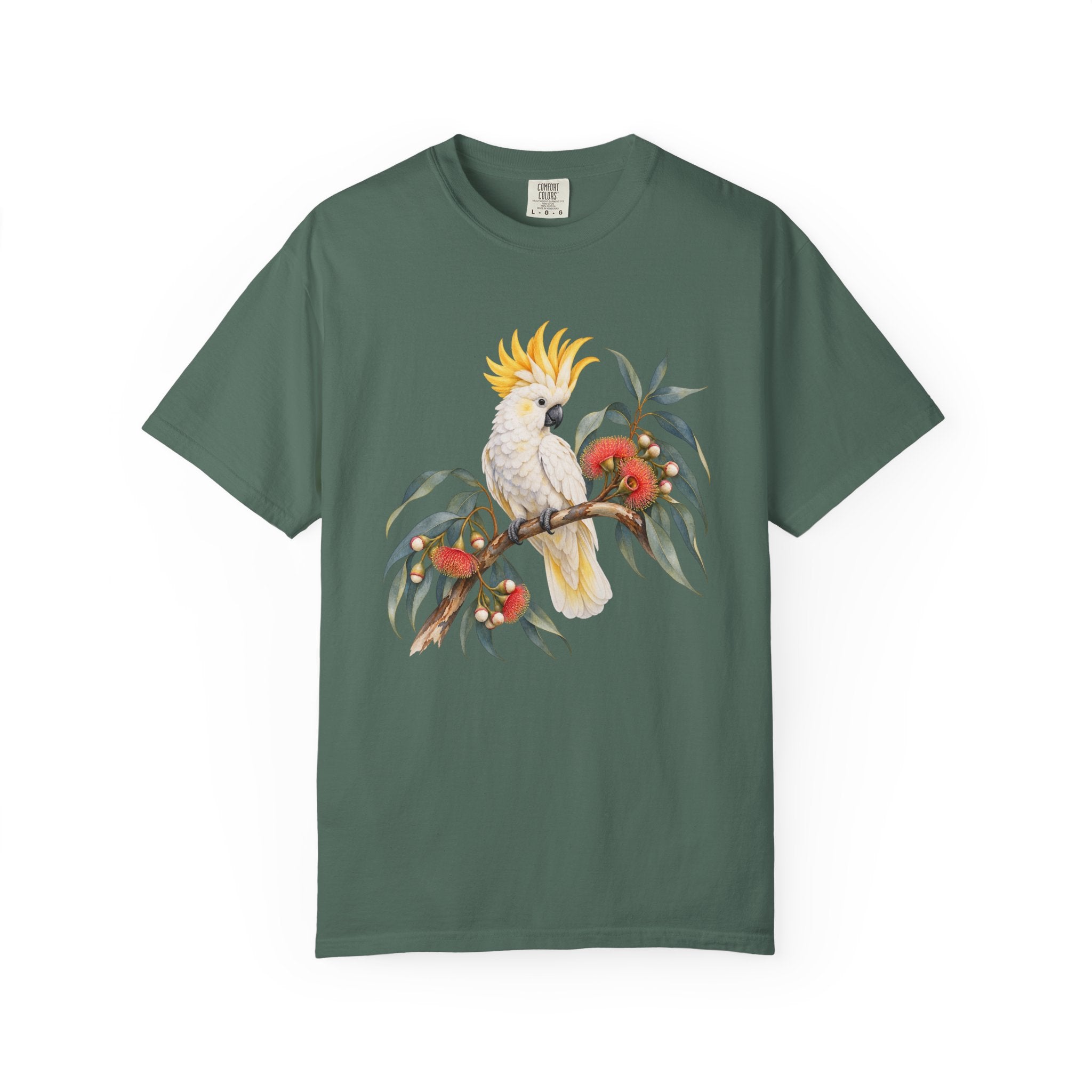 Cockatoo & Gum Blossom T-Shirt — botanical bird illustration, front print