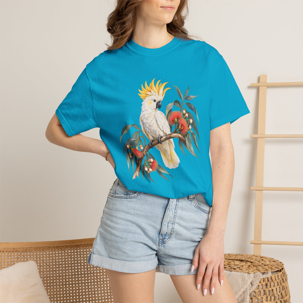 Cockatoo & Gum Blossom T-Shirt — modelled, relaxed unisex cut