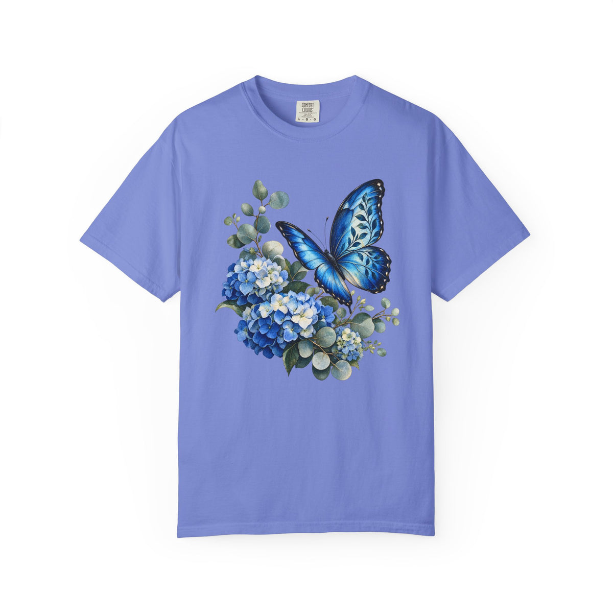 Blue Morpho & Hydrangea T-Shirt — Garment-Dyed Cotton