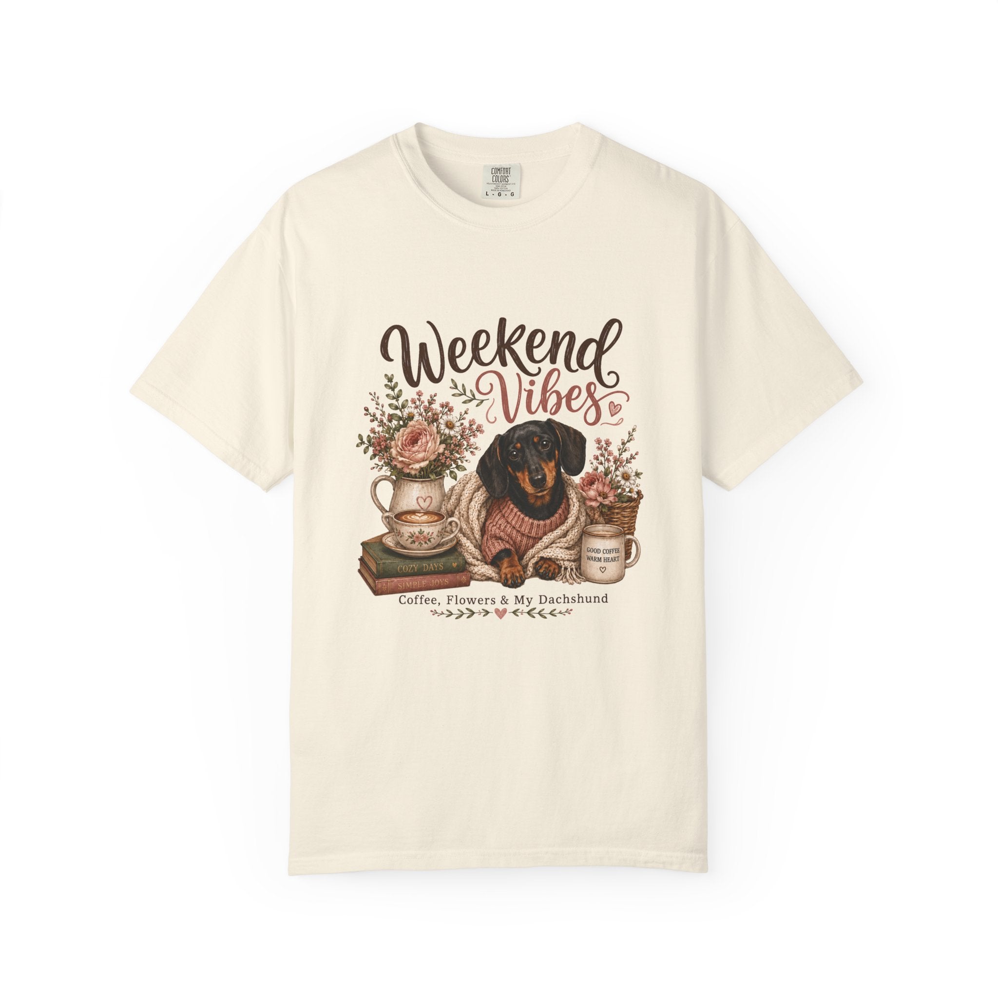 Weekend Vibes Dachshund Comfort Colors Shirt, Coffee Flowers Doxie Tee, Dachshund Mom Gift, Cozy Dog Shirt, Dog Lover Gift Her