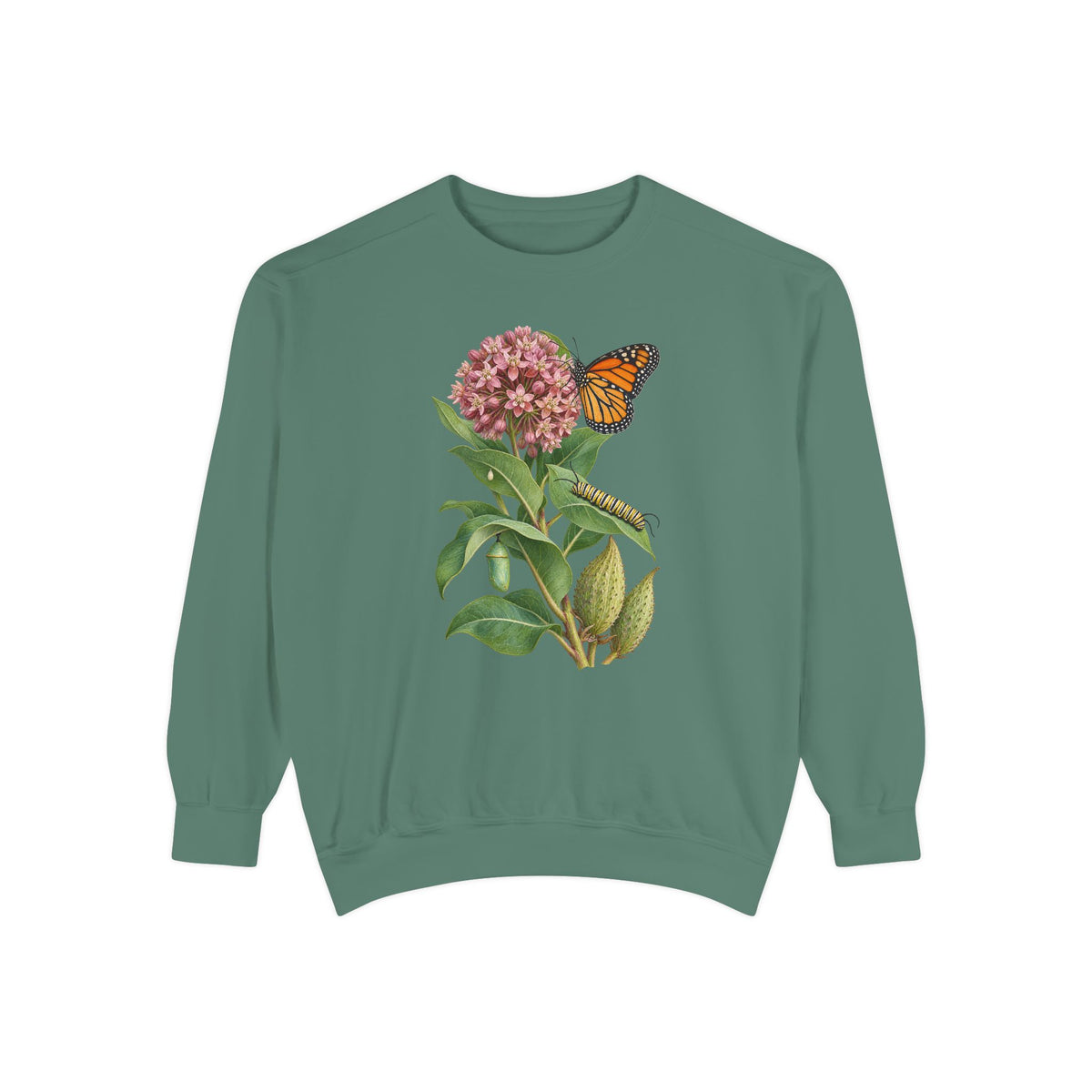 Milkweed and monarch life cycle sweatshirt in Light Green, front view