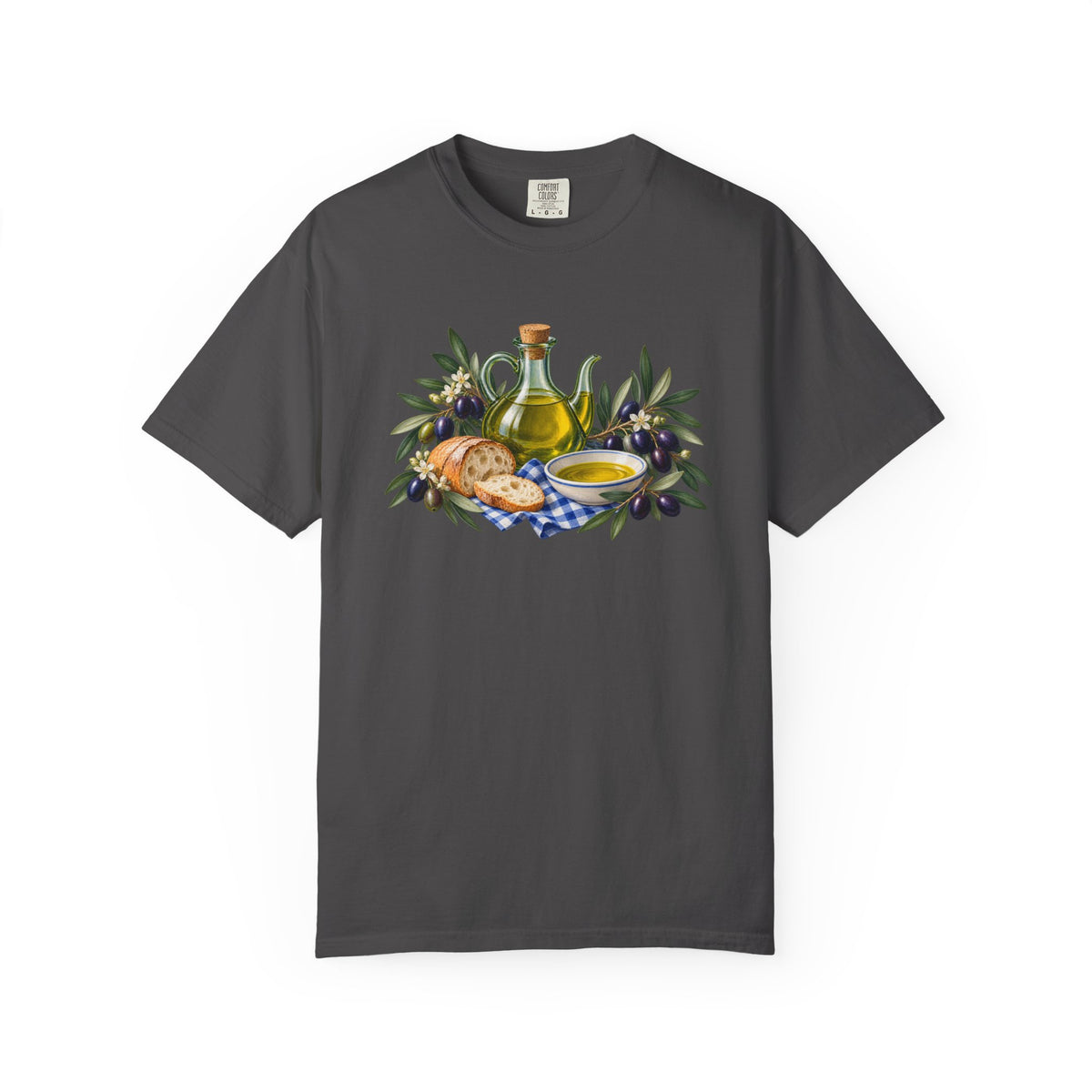 Pass the Bread tee in Graphite, an olive oil and bread kitchen print on dark gray