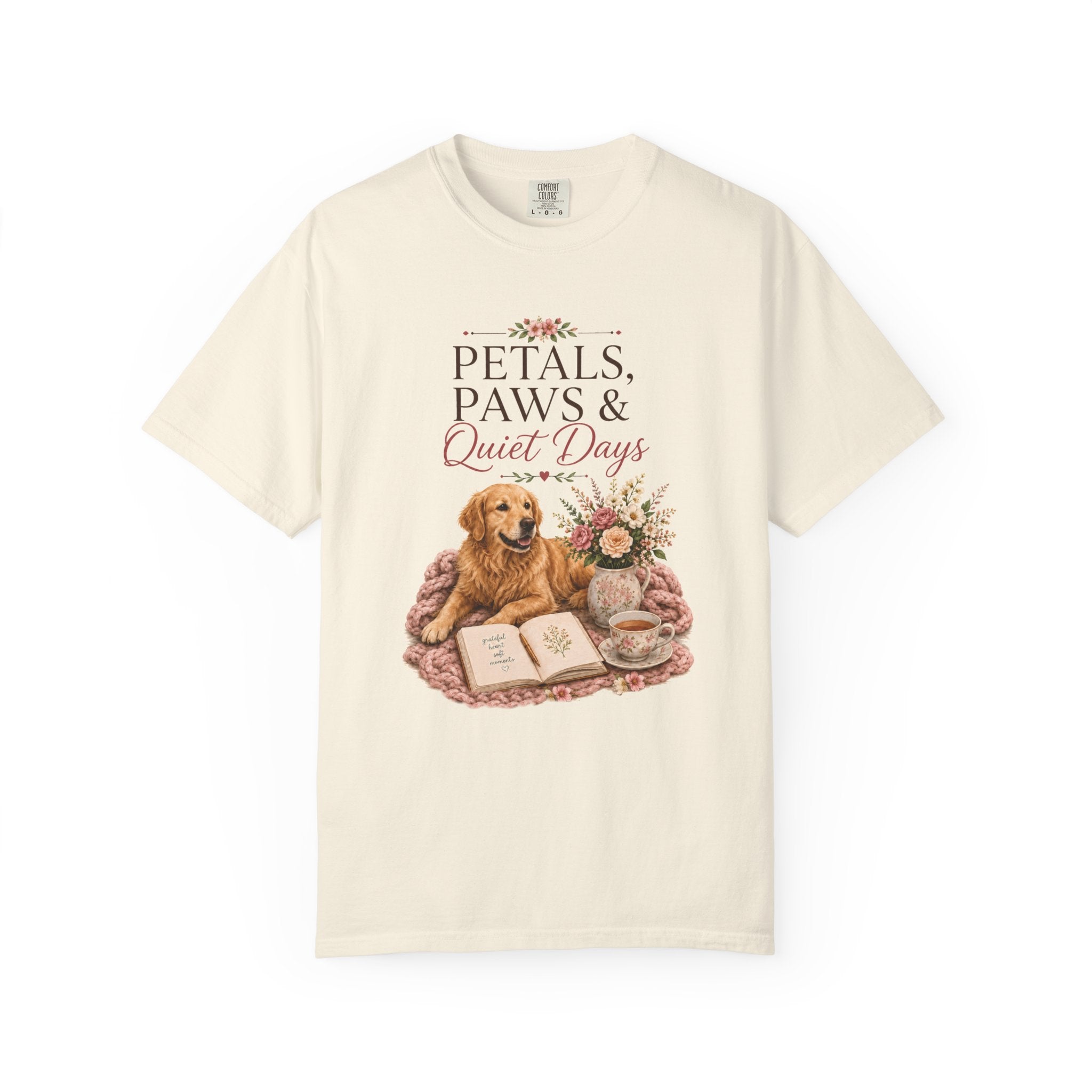 Petals Paws and Quiet Days cozy dog shirt lifestyle mockup