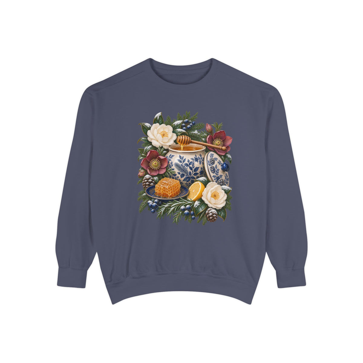 Honey jar and winter botanical design on a brushed fleece interior crewneck, printed and not embroidered — a cream and cobalt transferware jar of honey with a wooden dipper, honeycomb on a blue plate and a cut lemon among winter florals