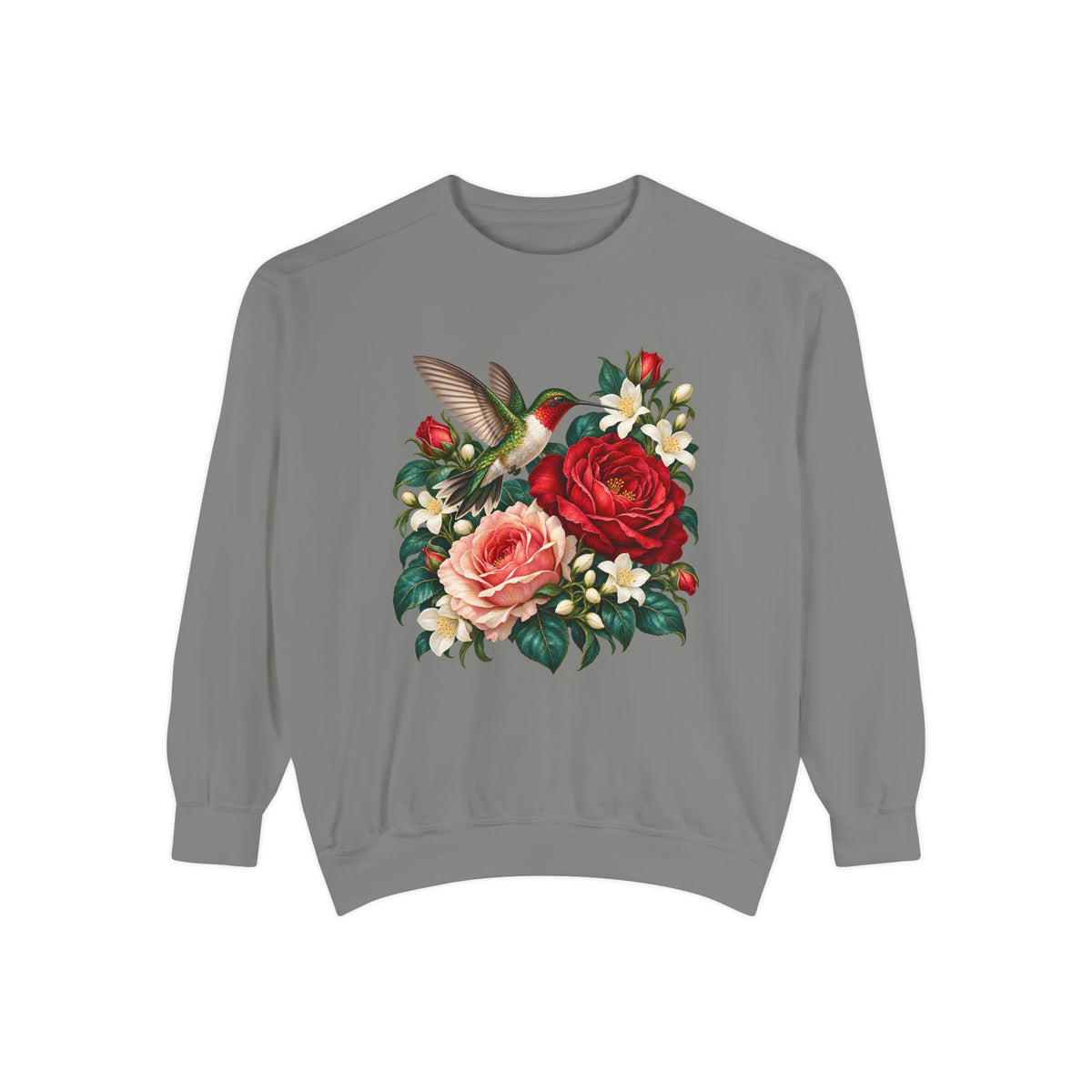 Glossy dark green leaves and white jasmine filling behind the roses, from the ruby-throated hummingbird sweatshirt print