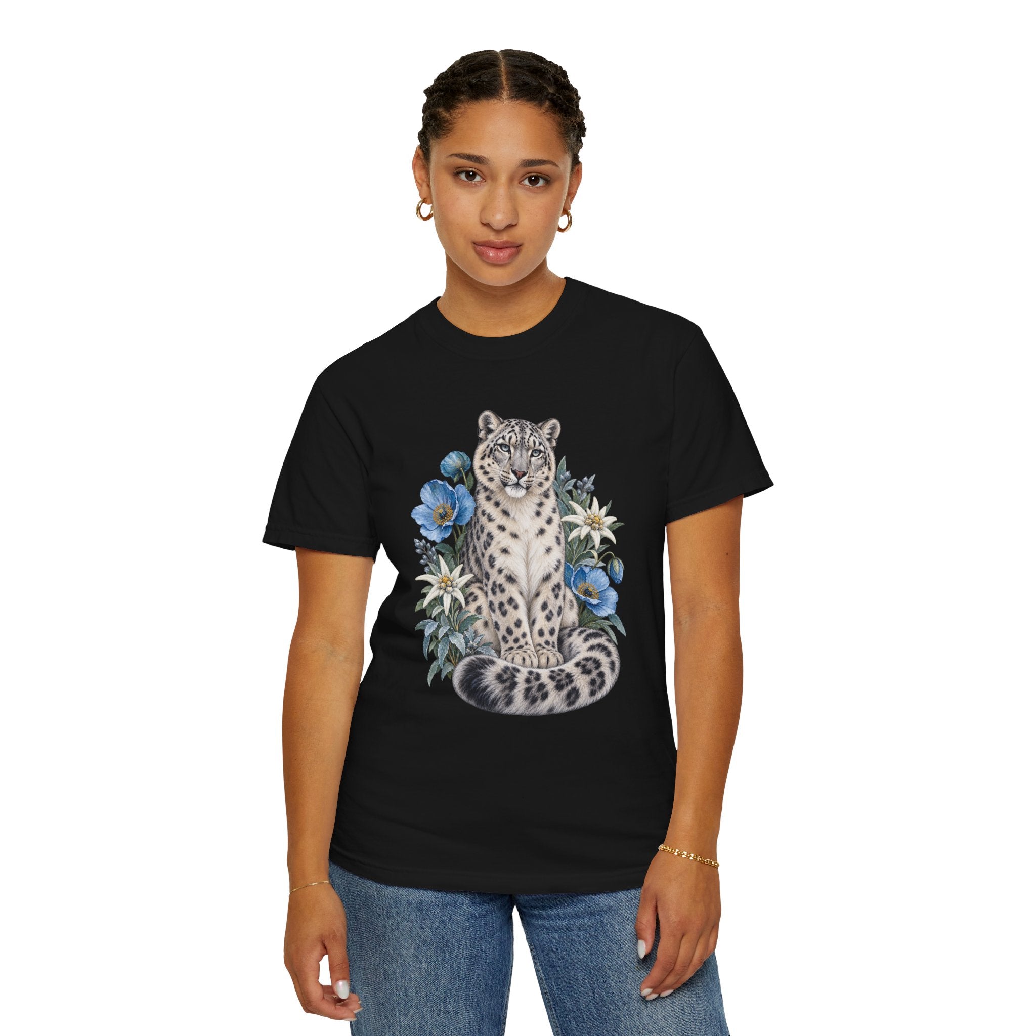 Snow Leopard & Blue Poppy T-Shirt — alpine wildflower detail