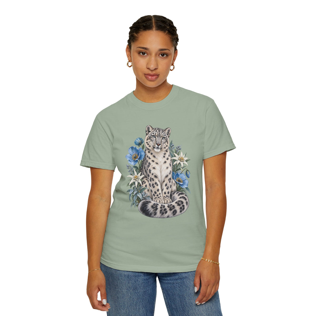 Snow Leopard & Blue Poppy T-Shirt — botanical wildlife tee, worn