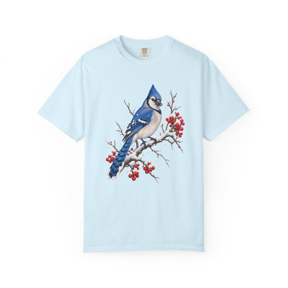 Blue jay winterberry t-shirt in Chambray – watercolor blue jay on a snow-covered berry branch, pale washed blue garment-dyed tee
