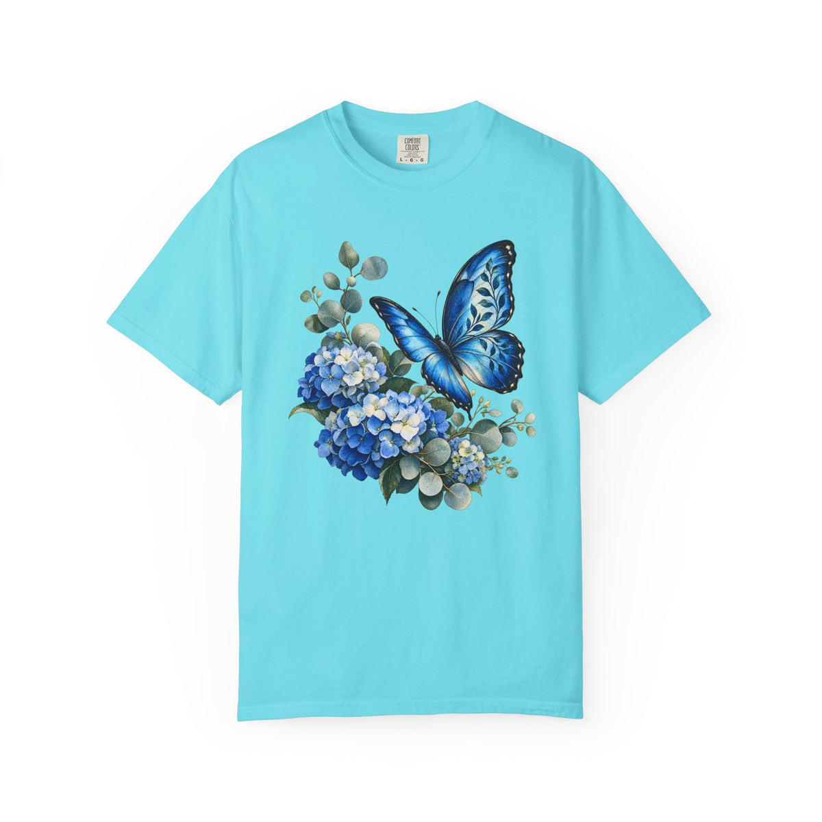 Blue Morpho & Hydrangea T-Shirt — Garment-Dyed Cotton
