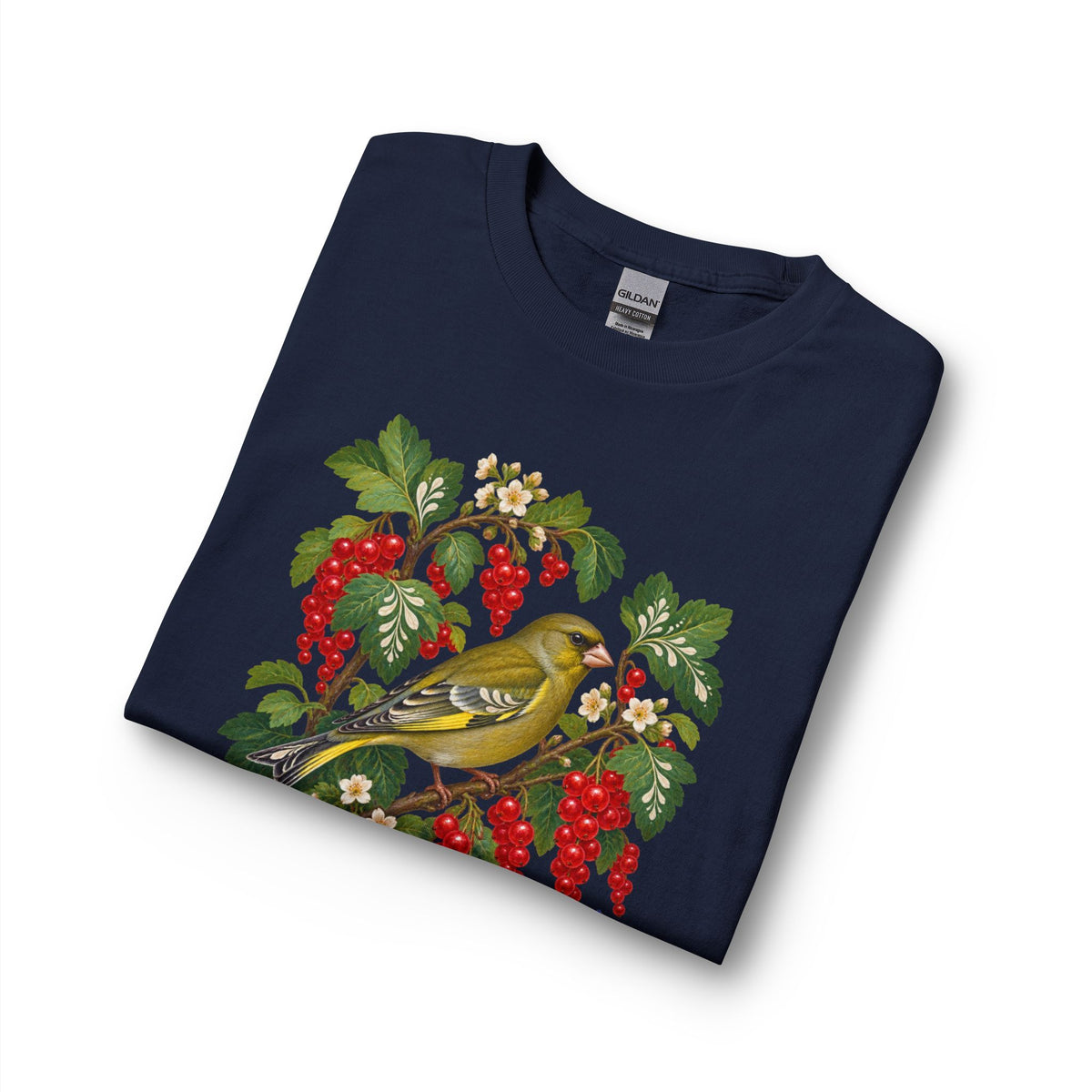 Red Currant & Songbird Long-Sleeve T-Shirt — songbird and berry branch print on cotton long sleeve