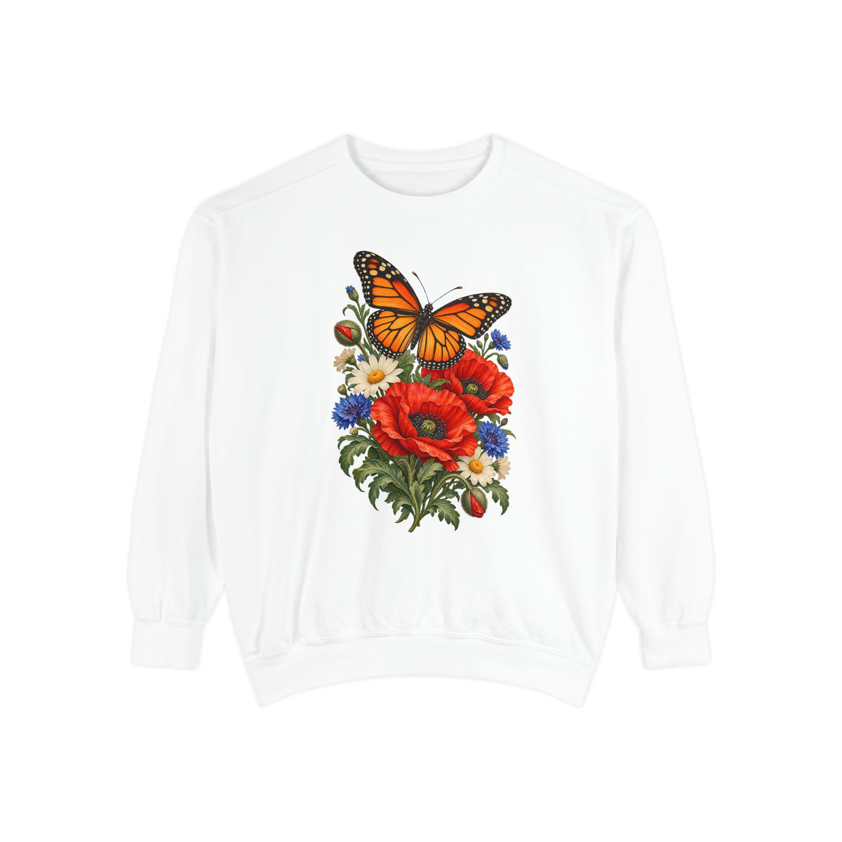 Red Poppies and Butterfly Sweatshirt — an orange-and-black butterfly with open wings above red poppies, cream daisies and blue flowers