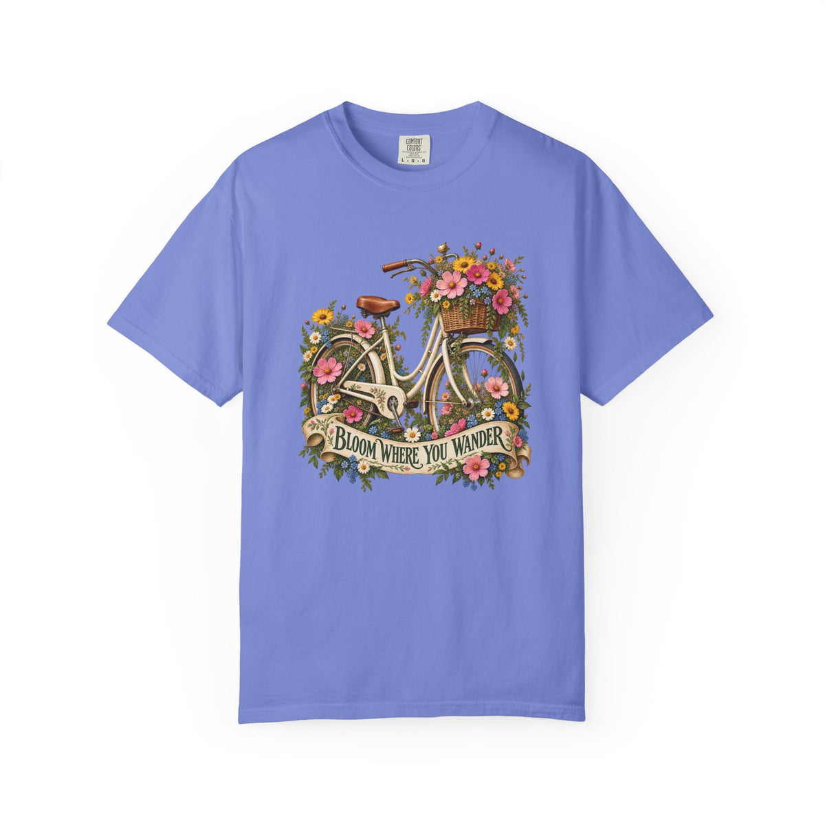 Bloom Where You Wander Floral Bicycle T-Shirt - the printed graphic lying flat into the weave, not embroidery and not an applique patch