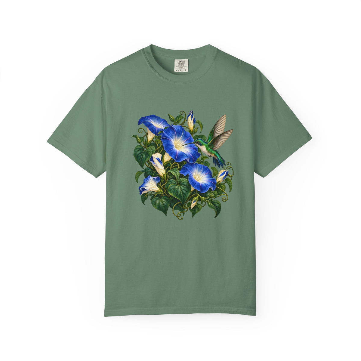 Morning glory and hummingbird design — a printed graphic, not embroidery and not an applique patch, on a Comfort Colors tee