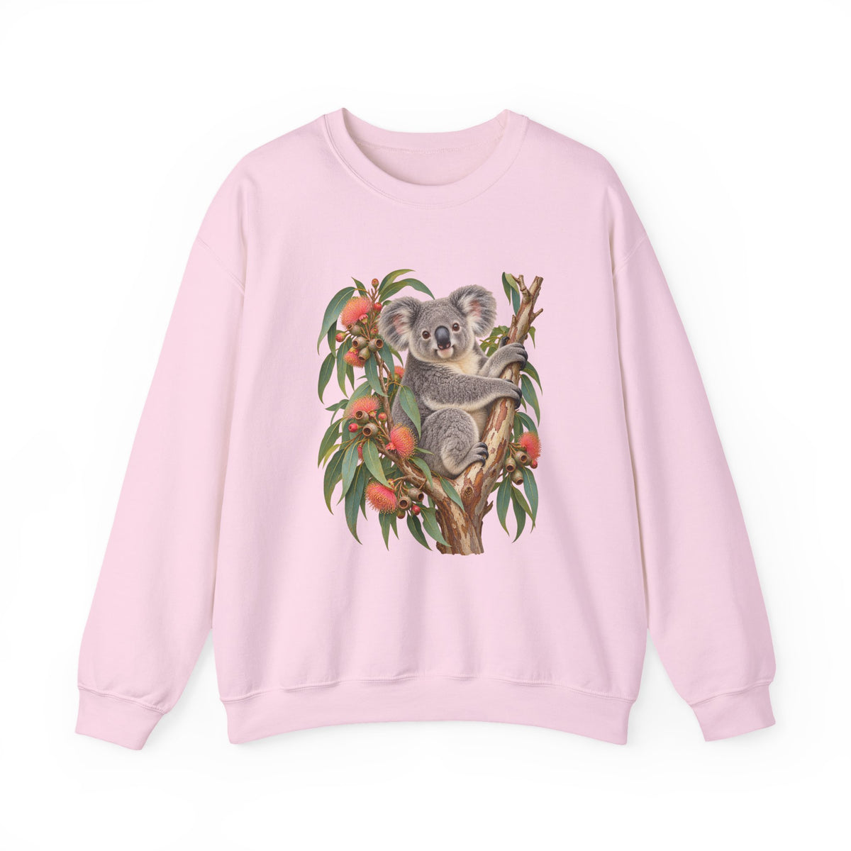 Booked for the Afternoon sweatshirt — a grey koala resting among eucalyptus leaves and coral-pink blossoms, on a unisex crewneck