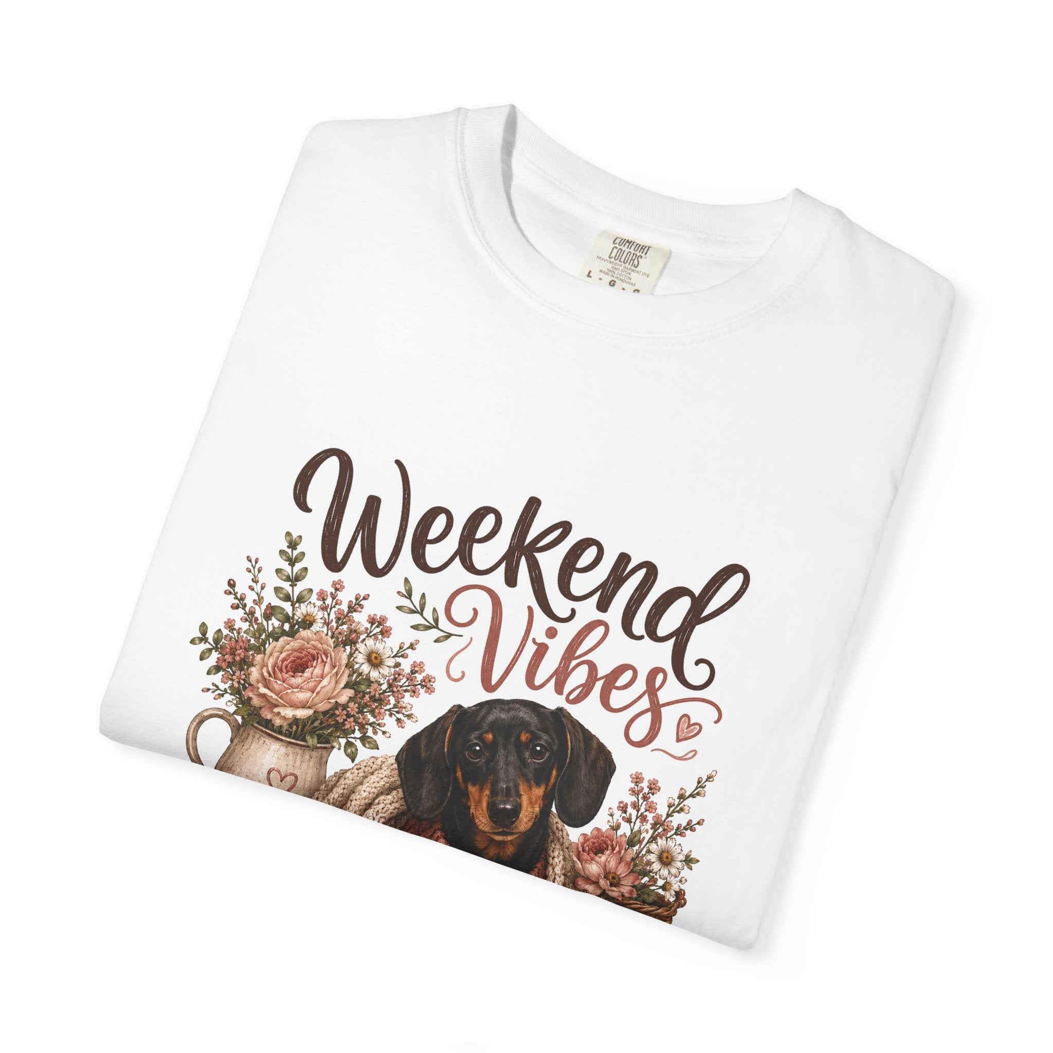 Weekend Vibes Dachshund Comfort Colors Shirt, Coffee Flowers Doxie Tee, Dachshund Mom Gift, Cozy Dog Shirt, Dog Lover Gift Her