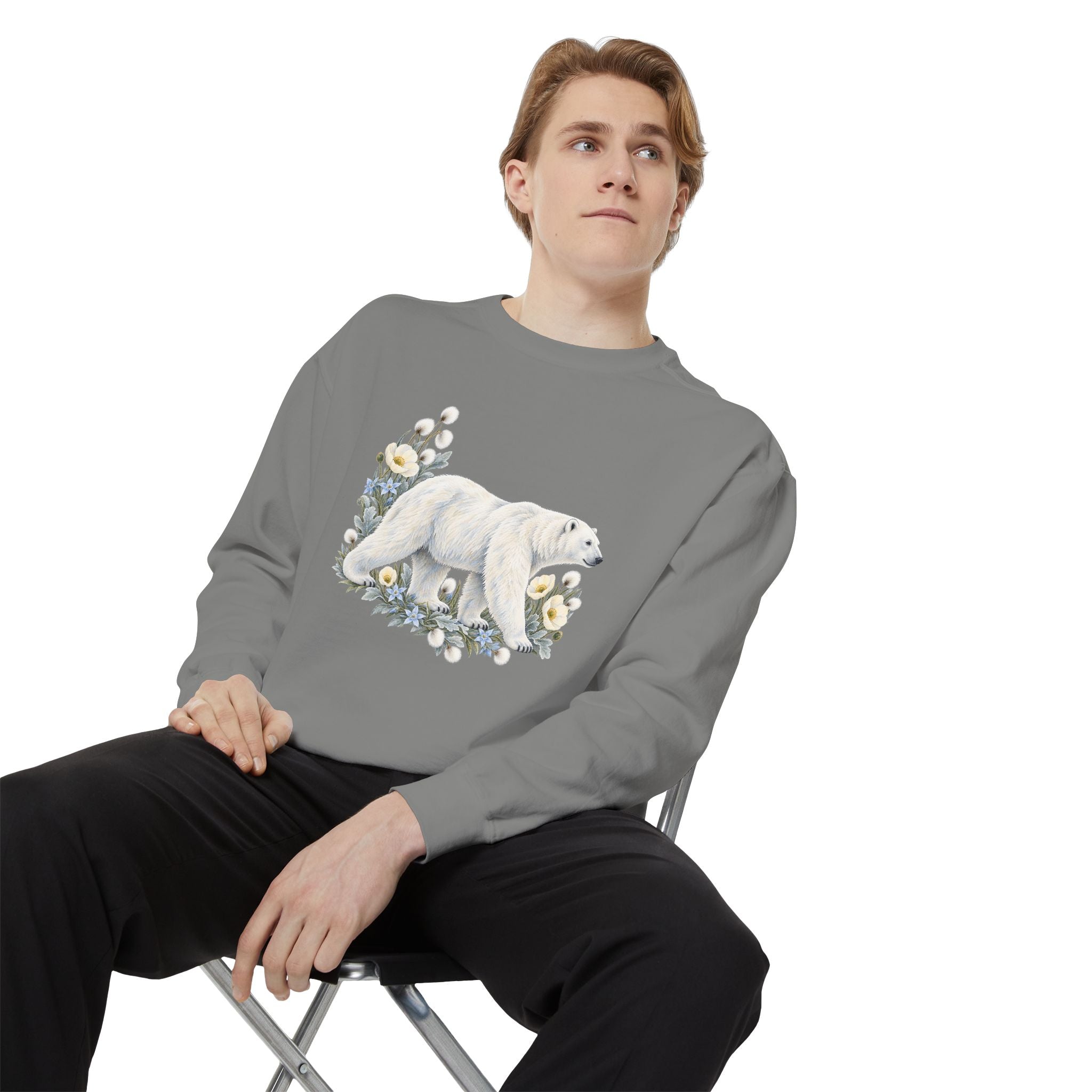 Polar Bear & Arctic Blooms Sweatshirt — Garment-Dyed Fleece