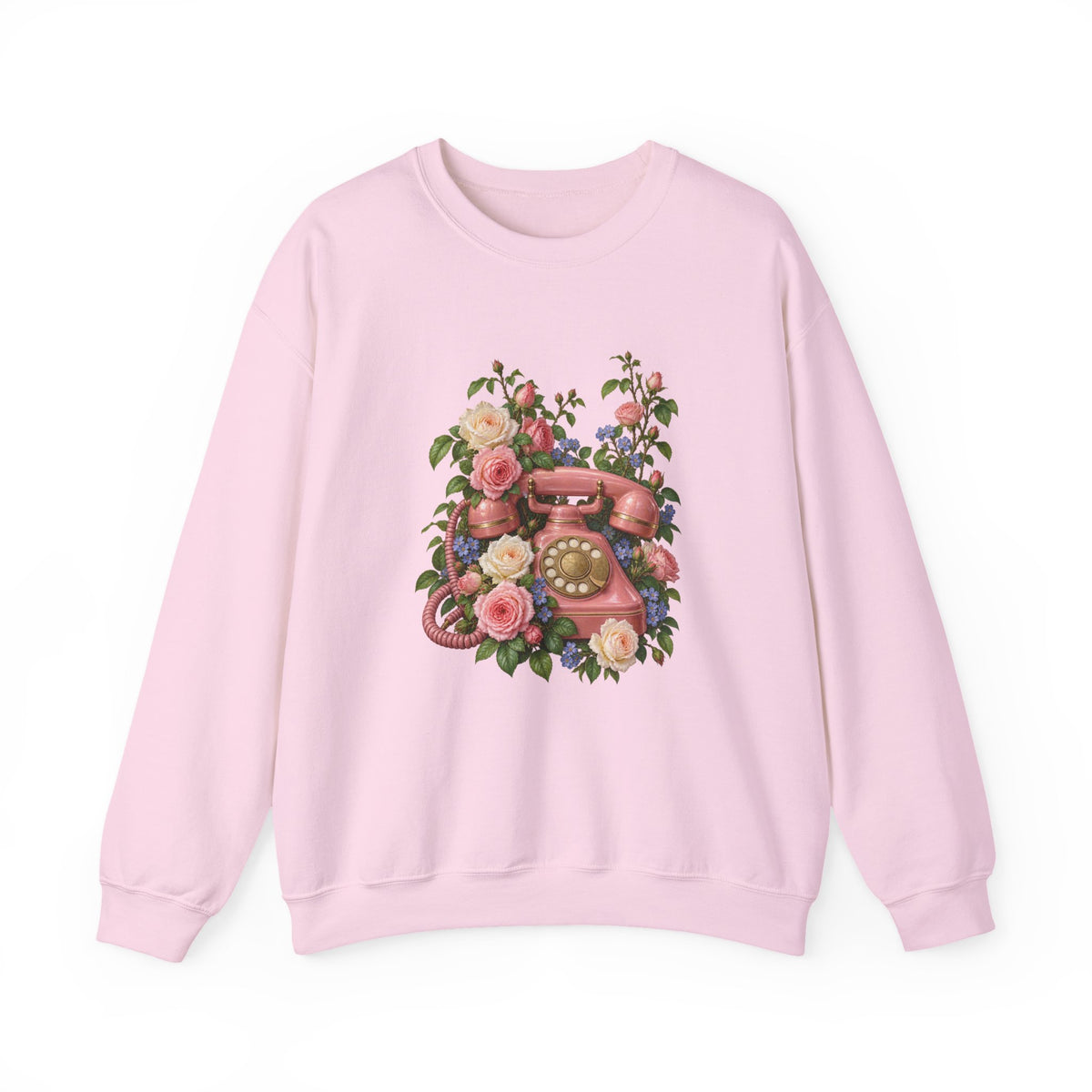 I Had to Tell You sweatshirt — a rose-pink rotary telephone among pink and cream roses with a golden dial, on a unisex crewneck