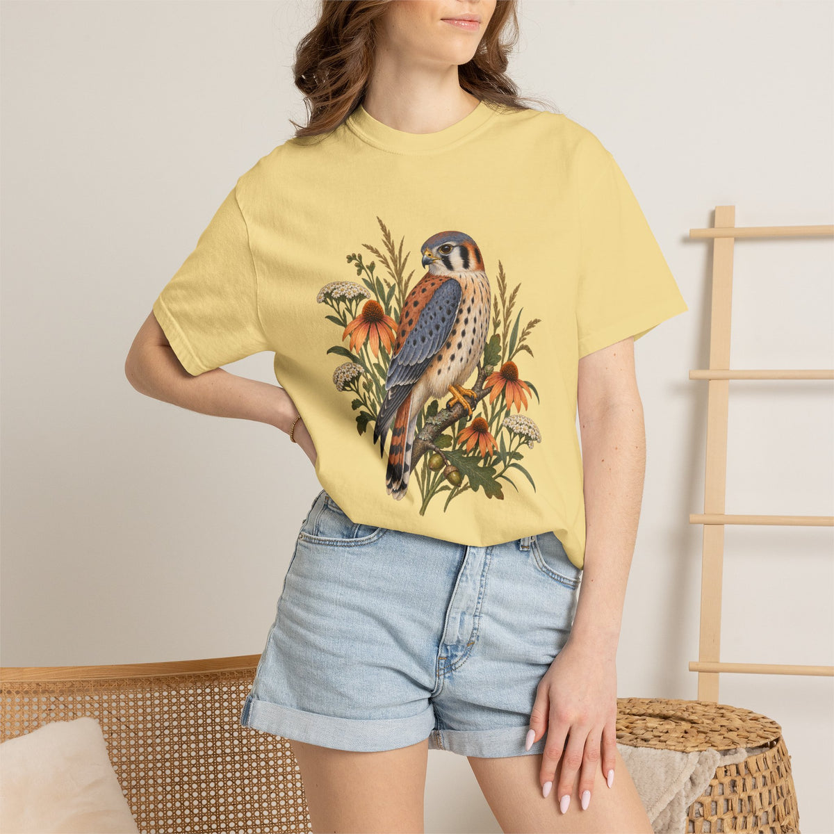 American Kestrel & Coneflower T-Shirt — Garment-Dyed Cotton