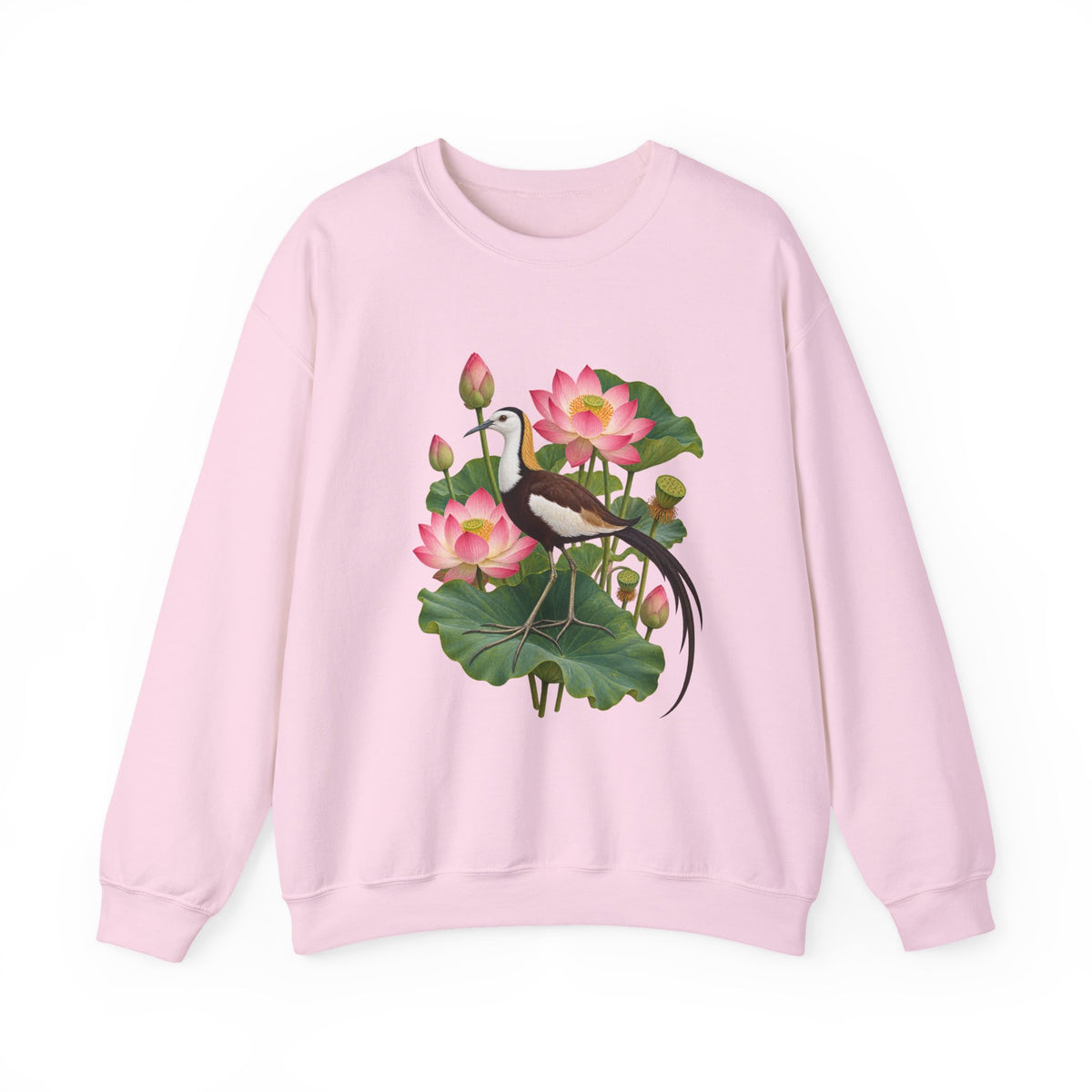 Lightly, She Goes crewneck sweatshirt, a long-tailed waterbird among pink lotus blossoms, buds, seed pods and broad green leaves, image 5 of 28