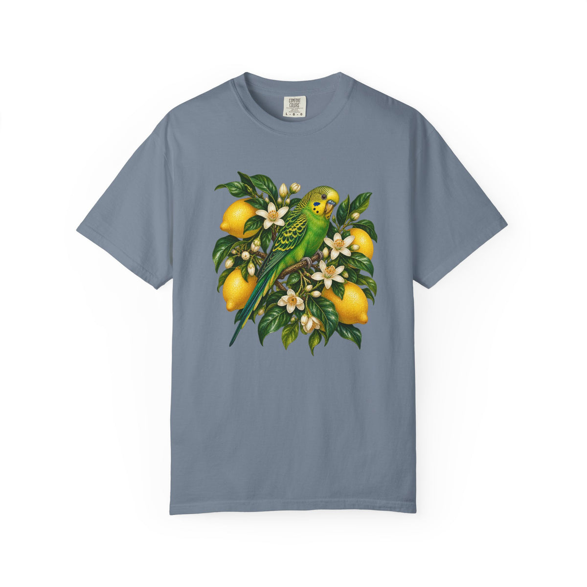 Lemon Tree and Budgie T-Shirt - a printed graphic lying flat into the weave, not embroidery and not an applique patch
