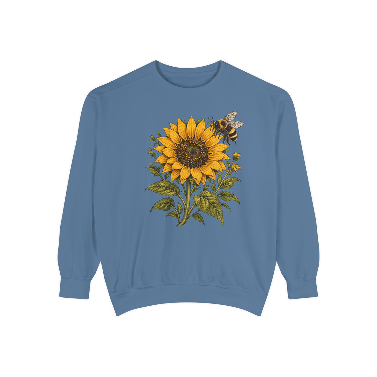 Sunflower and bumblebee sweatshirt in Blue Jean, a light washed denim garment-dyed Comfort Colors 1566 crewneck with a golden sunflower and hovering bumblebee