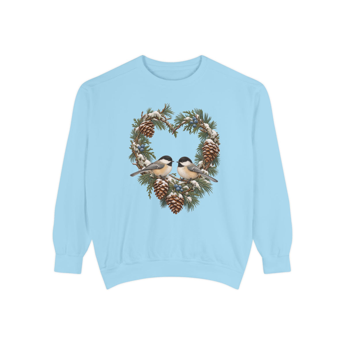 Chickadee heart wreath sweatshirt in Chambray, front view