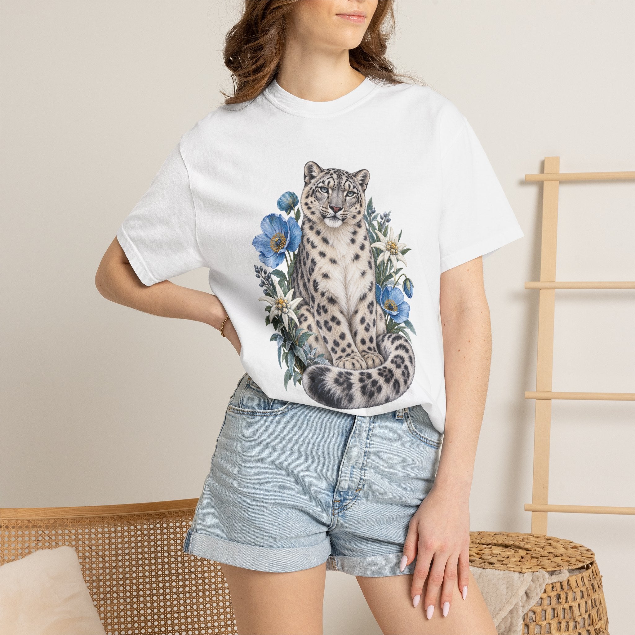 Snow Leopard & Blue Poppy T-Shirt — botanical design, front
