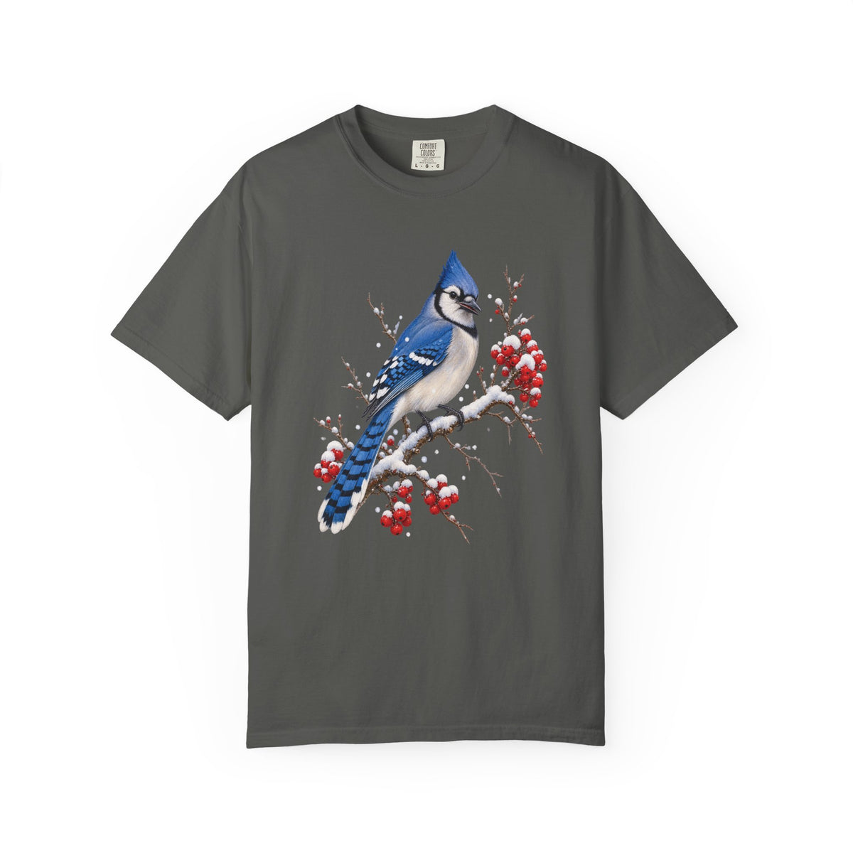 Blue jay winterberry t-shirt in Pepper – blue jay bird, snow and red berries on a soft washed black garment-dyed tee